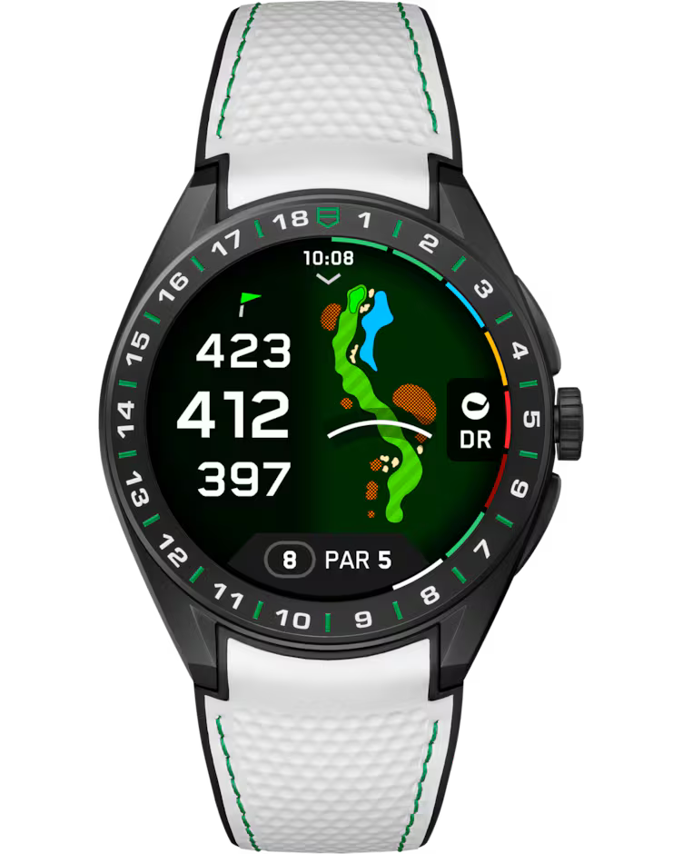 The TAG Heuer Connected Calibre E5 Golf Edition 45mm Smart Watch by TAG Heuer, featuring a black bezel and white textured band, displays a golf course map with distances to the hole (423, 412, 397 yards), the current time (10:08), and indicates play on the 8th hole, par 5.