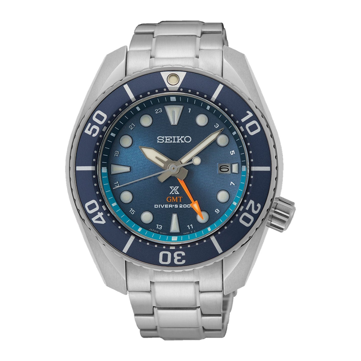The Seiko Prospex Sea Solar 45mm Watch from Seiko features a stainless steel bracelet and an eye-catching blue gradient dial with white markers. It includes a matching blue bezel that frames the date display at the three o'clock position, is marked "Diver's 200m," and offers GMT functionality along with dependable solar movement for convenient use.