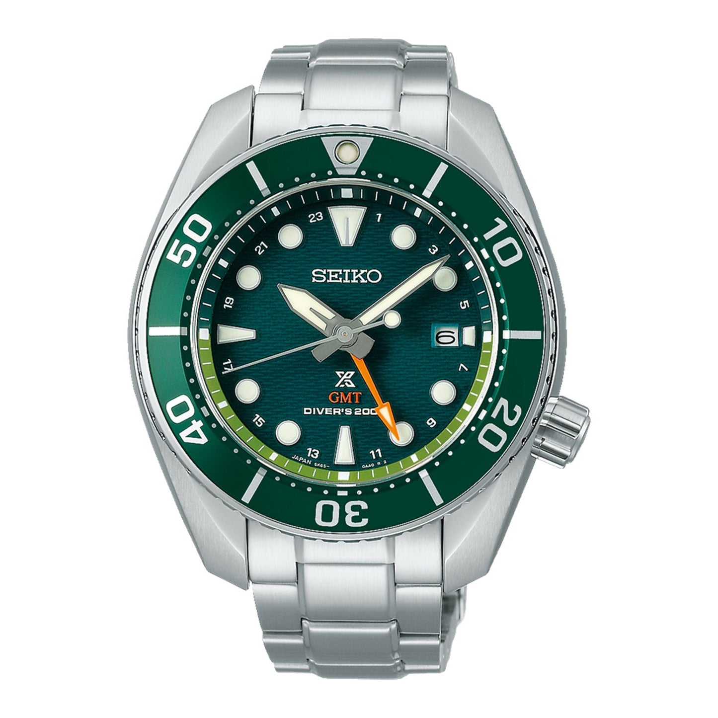 The Seiko Prospex Sea Solar 45mm Watch by Seiko features a green and black bezel, complemented by a green textured dial and silver hour markers. It comes with a stainless steel bracelet and includes a GMT function, with prominent numerals at 10, 20, 30, 40, and 50 on the bezel for enhanced readability during your adventures.