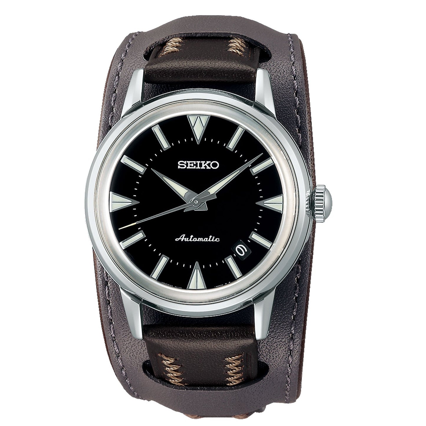 The Seiko Prospex Land 1959 Alpinist Re-Creation Limited Edition Automatic With Manual Winding 36.6mm Watch from Seiko features a sophisticated black dial with silver-tone markers encased in metal. Its elegance is enhanced by a brown leather strap with contrasting stitching and a small date window positioned at 4 o'clock, making this limited edition watch both refined and functional for divers.