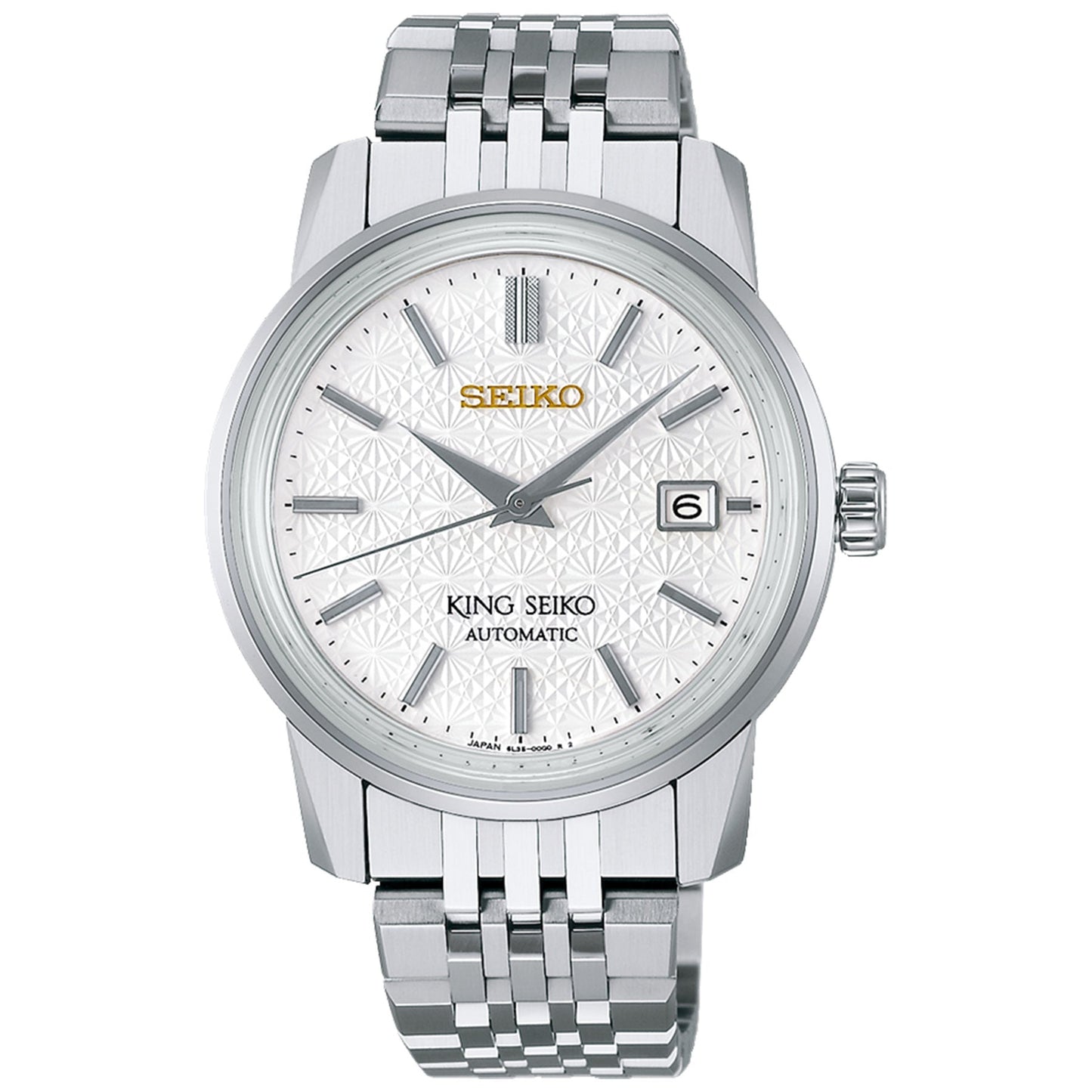 This sophisticated wristwatch from Seiko, the King Seiko Automatic with Manual Winding 38.6mm Watch (6L35 Limited Edition of 600), exemplifies Seiko's remarkable craftsmanship with its intricately patterned face and date display at 3 o'clock. It features elegant silver hour markers and hands, displaying "Seiko," "King Seiko," and "Automatic" on the dial, enhanced by a polished metal link bracelet.