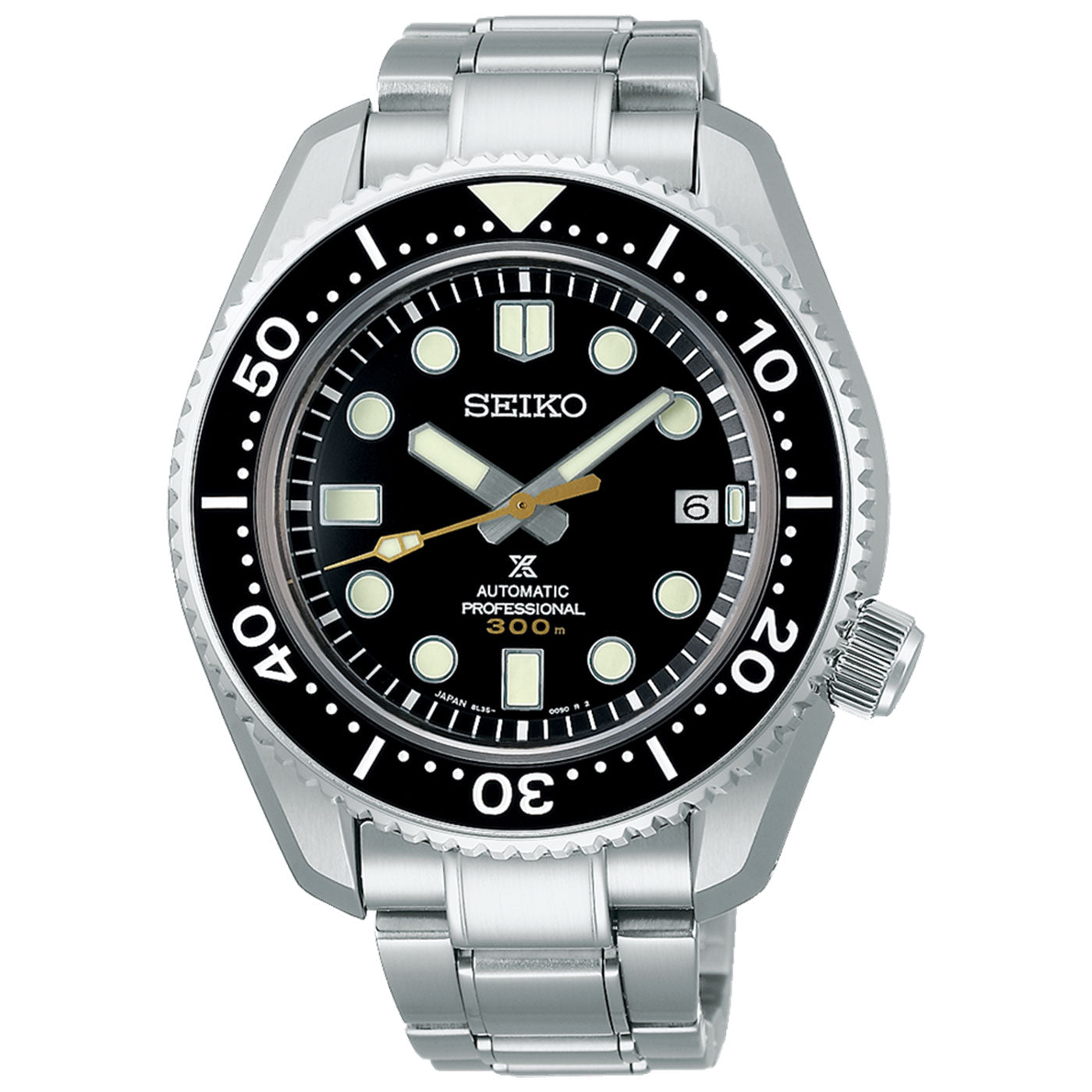 The Seiko Prospex Sea Automatic with Manual Winding 44.3mm Watch by Seiko features a stainless steel band and a black dial adorned with large luminous markers and a date display at the 3 o'clock position. Its rotating bezel includes white minute markers, and the automatic movement offers water resistance up to 300 meters.