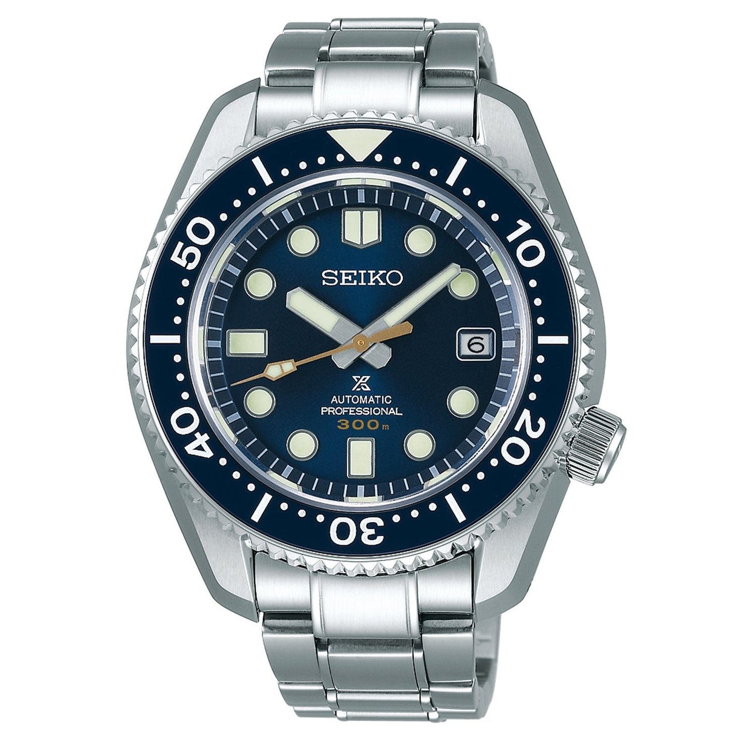 The Seiko Prospex Sea Automatic With Manual Winding 44.3mm Watch features a stainless steel case accompanied by a striking blue dial. It is equipped with luminescent markers, a date window at the 3 o'clock position, and a rotating bezel marked with increments from 10 to 60 minutes. Labeled "Professional 300m," this watch is an ideal companion for underwater adventures.