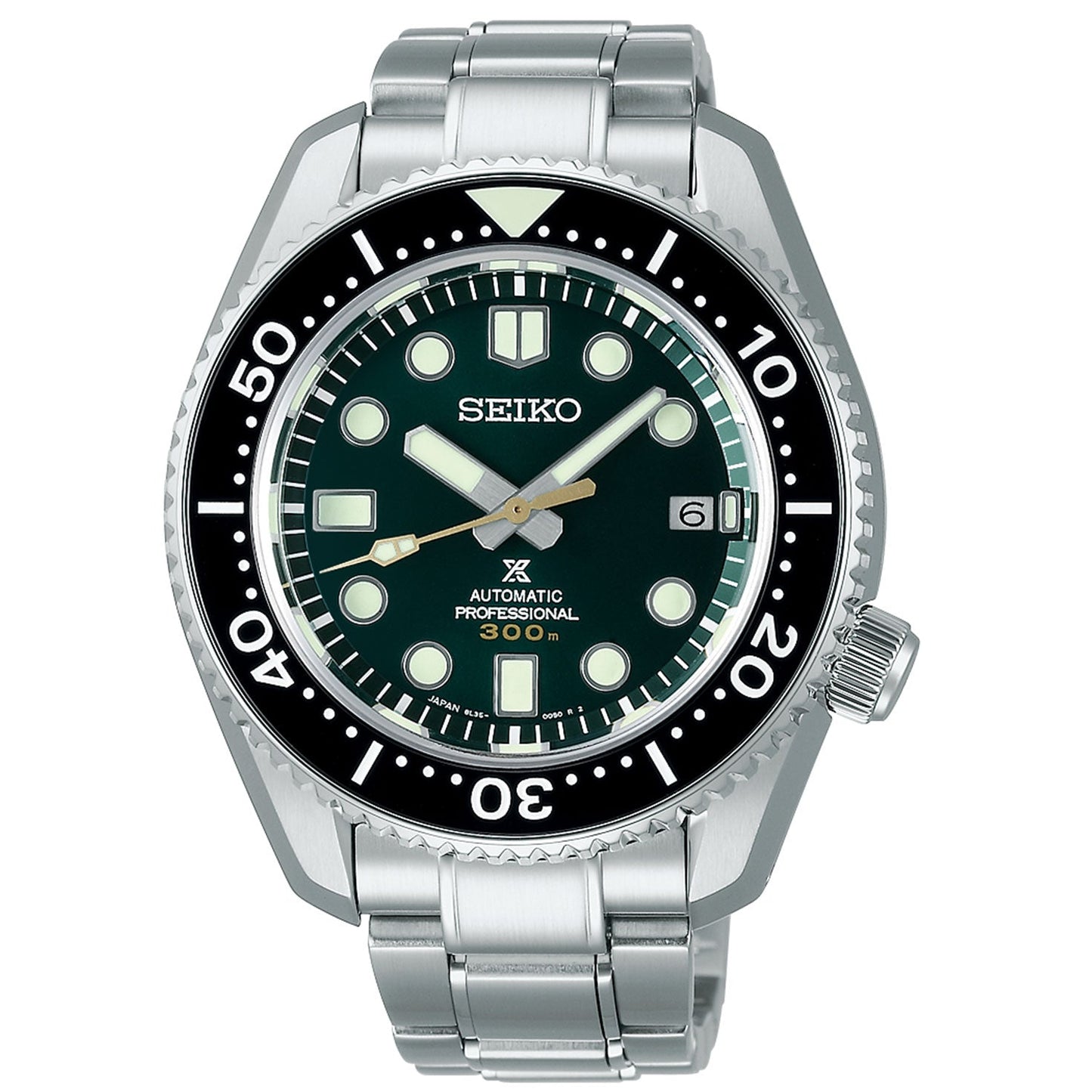 This Seiko Prospex 140th Anniversary Limited Edition Automatic Watch combines innovative technology with a silver case, a black bezel, and a captivating green dial. The luminous hour markers enhance visibility, and the date display at 3 o'clock offers added convenience. A durable stainless steel bracelet complements this automatic professional watch, rated for depths up to 300 meters.