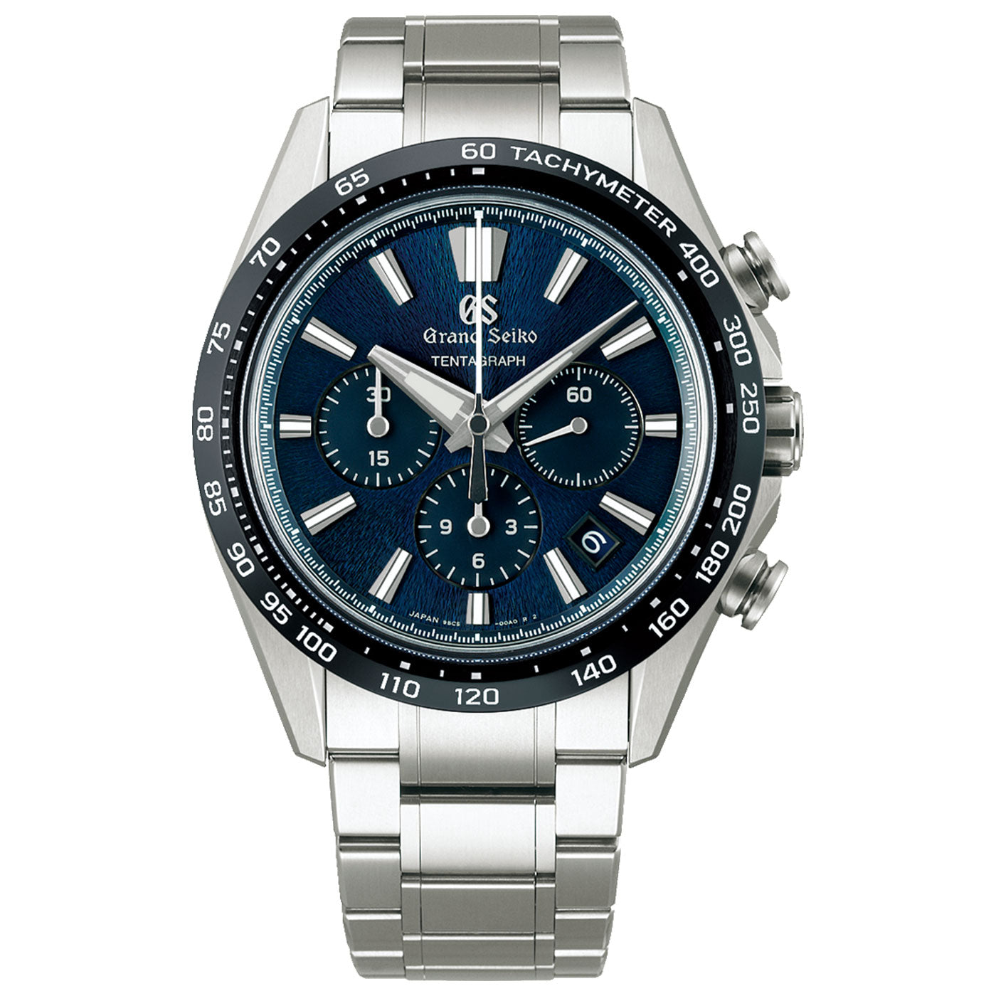 The Grand Seiko Evolution 9 Collection Automatic with Manual Winding Tentagraph 43mm Watch is a silver timepiece that comes with a stainless steel bracelet and features a blue dial. It includes a tachymeter bezel, three subdials, and has a date window situated between the 4 and 5 o'clock positions.