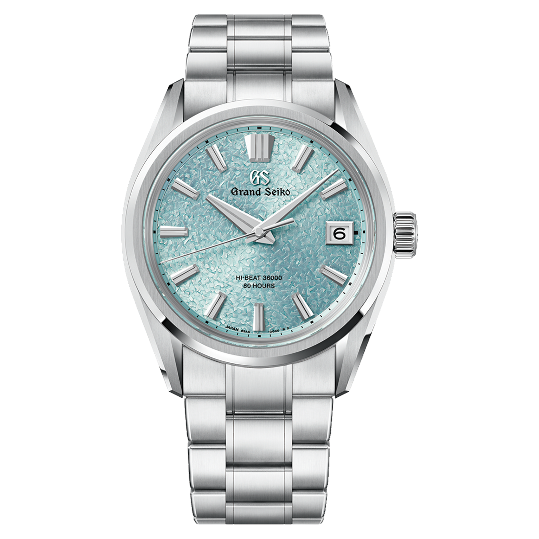 Grand Seiko Evolution 9 Collection Single Winding with Manual Winding 40mm Watch in silver-tone Ever-Brilliant Steel, featuring a textured light blue dial with silver hands, markers, and a date window at the three o’clock position.
