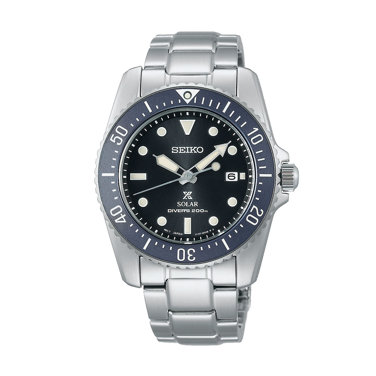 The Seiko Prospex Sea Solar 38.5mm Watch by Seiko features a stainless steel bracelet and a sleek black dial adorned with white hour markers. It includes a date window positioned at 3 o'clock and boasts a unidirectional bezel with minute markings, highlighting its innovative technology. This Solar Divers 200m is the perfect companion for underwater adventures.