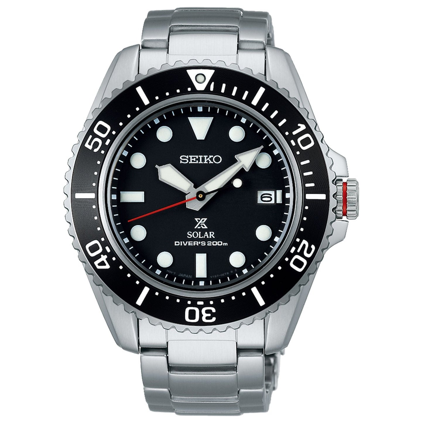 Close-up of a Seiko Prospex Sea Solar 42.8mm Watch featuring a stainless steel band. The black dial displays prominent white hour markers, a date feature, and a rotating bezel. The text "Solar Diver's 200m" highlights Seiko's cutting-edge technology at the bottom. The red-tipped minute hand adds to its distinct design.
