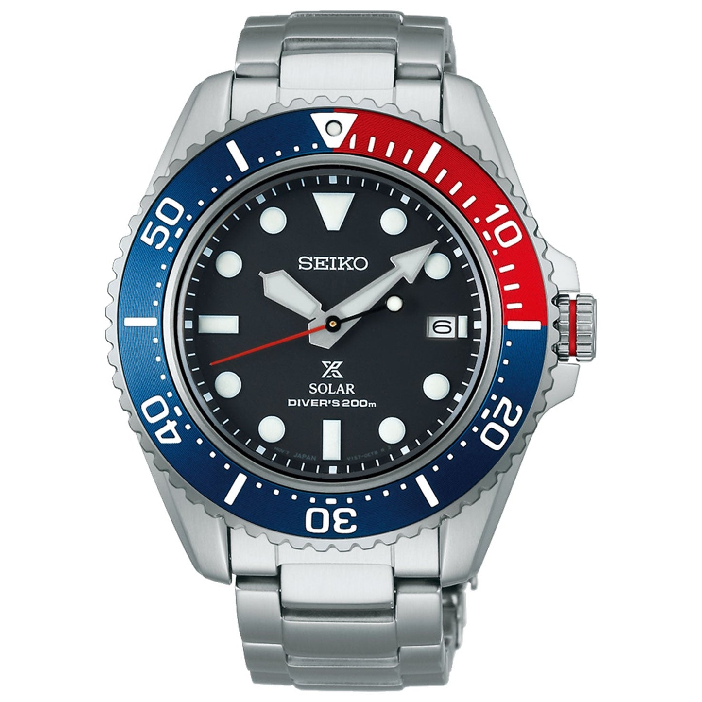 The Seiko Prospex Sea Solar 42.8mm Watch by Seiko boasts a stainless steel band and an eye-catching blue and red bezel. It includes large hour markers, a date display at the 3 o'clock position, and three hands. This watch is water-resistant up to 200 meters, highlighting its advanced technology for diving enthusiasts.