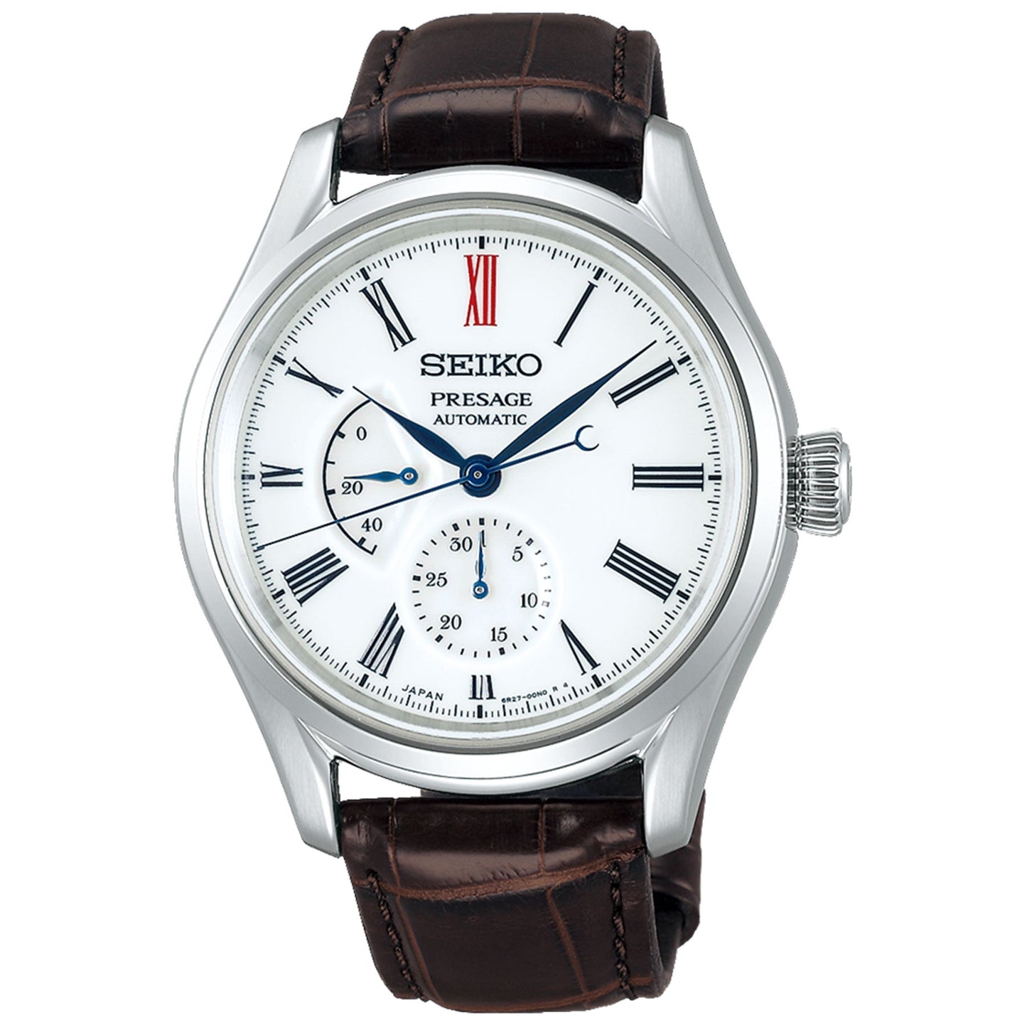 The Seiko Presage Craftsmanship Series Automatic watch features a white dial with black Roman numerals and small blue subdials. Its design includes a brown leather strap, a silver case, and sophisticated black hands. The striking red XII marker adds an extra touch of flair to the timepiece.