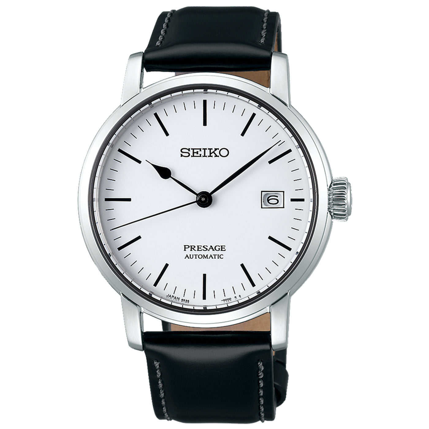 The Seiko Presage Craftsmanship Series Automatic with Manual Winding 39.9mm Watch by Seiko highlights a white dial with black hour markers and a date display at three o'clock. It is complemented by an elegant black leather strap and a sleek stainless steel case, offering the perfect balance of style and functionality.