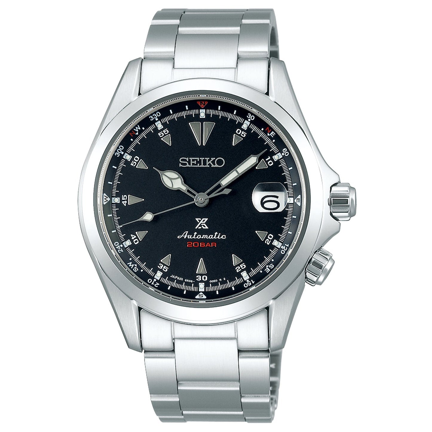 The Seiko Prospex Land Automatic With Manual Winding 39.5mm Watch from Seiko offers a sophisticated stainless steel design, complete with a black dial and silver hour markers. It features an automatic movement and includes a convenient date window positioned at 3 o'clock. With water resistance up to 20 bar, this watch is perfect for diving adventures, while its polished metal band provides both style and durability.