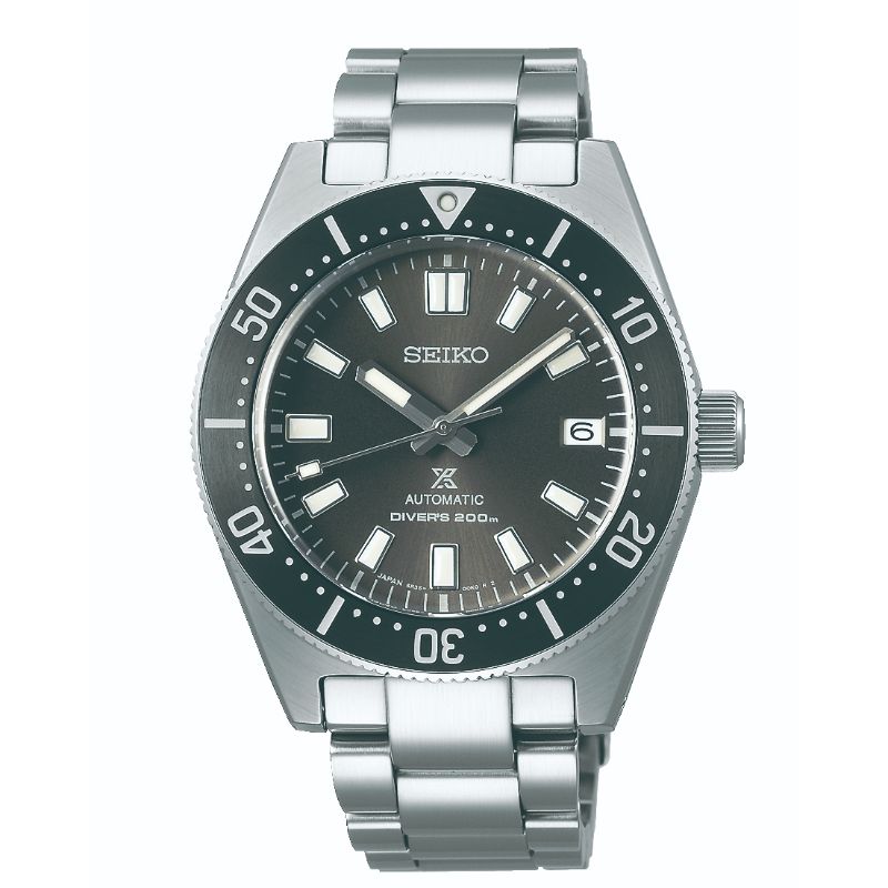 The Seiko Prospex Sea Automatic with Manual Winding 40.5mm Watch features a sleek silver design and a metal band. It includes a dark gray dial, luminescent hour markers, and a convenient date window at the 3 o'clock position. The bezel is detailed with minute indicators, reflecting Seiko's cutting-edge technology.
