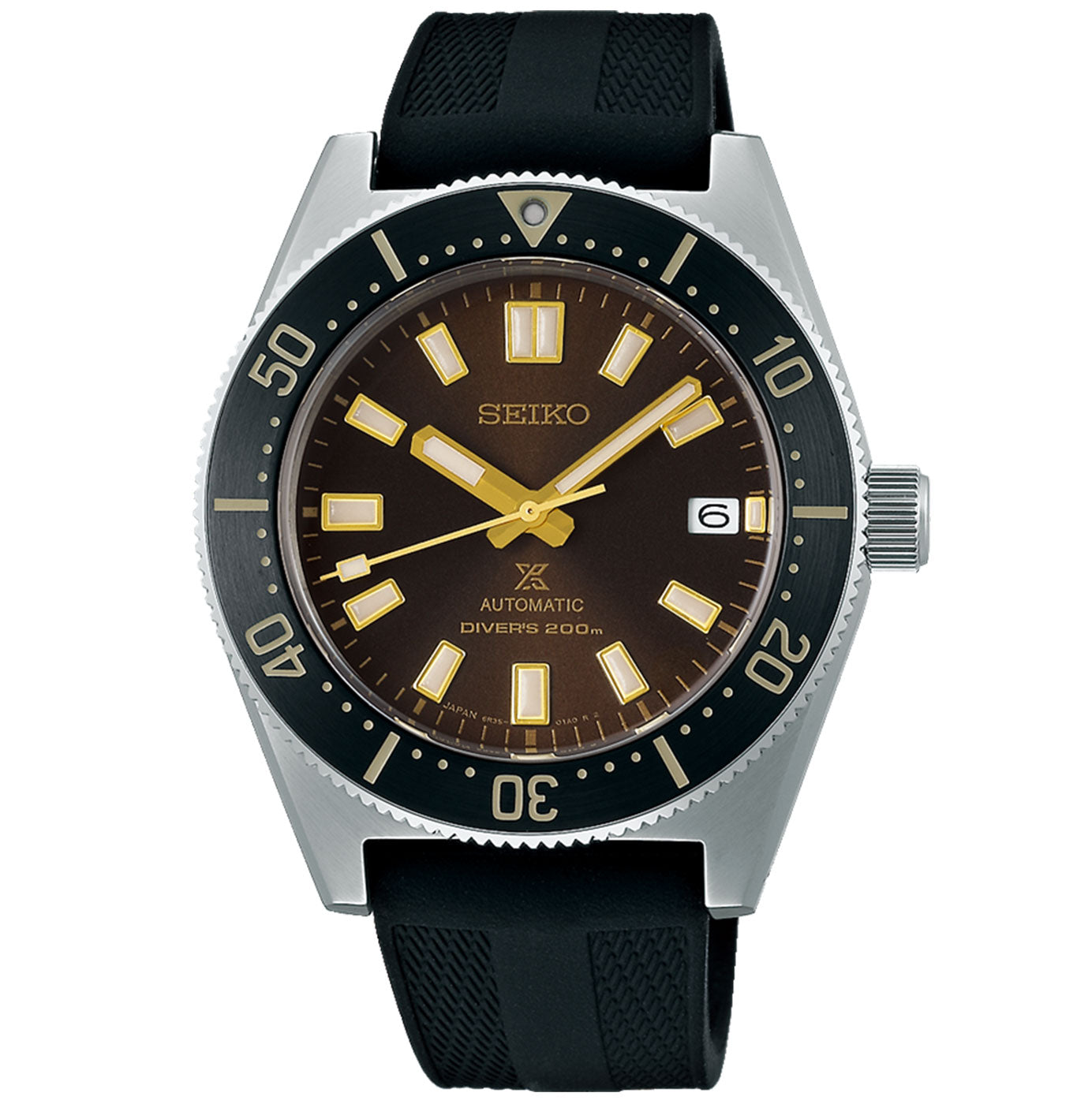 The Seiko Prospex Sea Automatic With Manual Winding 40.5mm Watch from Seiko showcases a brown dial featuring luminous hour markers and a date display at the 3 o'clock position. It includes a black bezel marked with minute indicators and is complemented by a black rubber strap. Designed with water resistance, this watch is ideal for underwater exploration.