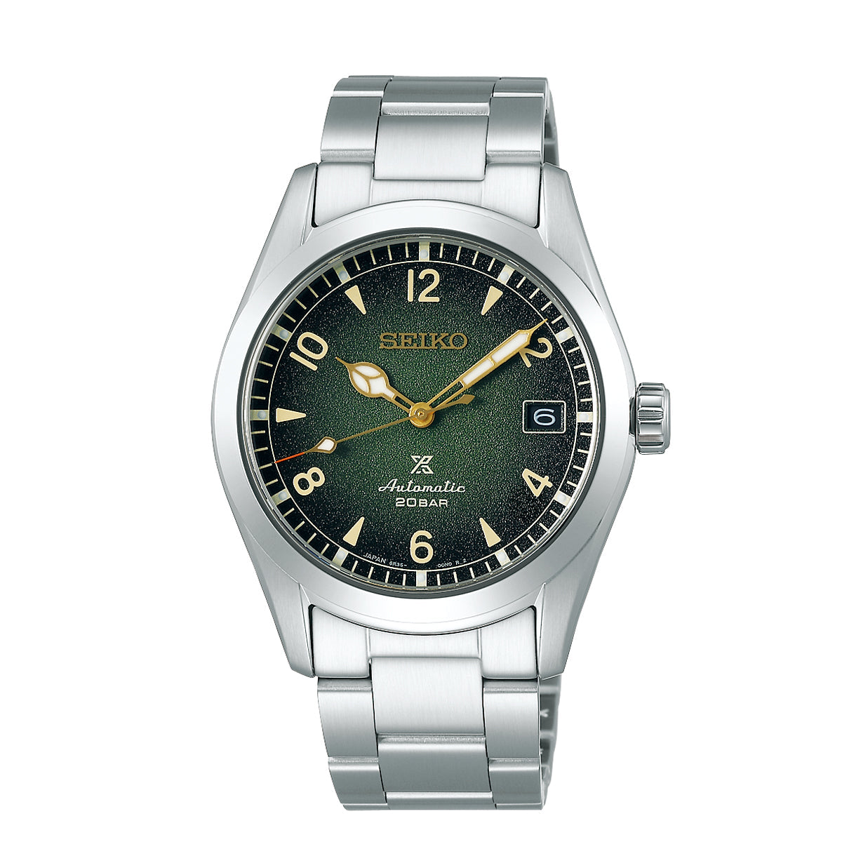 The Seiko Prospex Land Automatic With Manual Winding 38mm Watch is perfect for outdoor enthusiasts, showcasing a sleek stainless steel band and vibrant green dial. It features gold-tone hands and numerals, a date window at the 3 o'clock position, along with the "Automatic" and "20 BAR" markings on the dial. The watch’s classic design is completed with a smooth bezel.