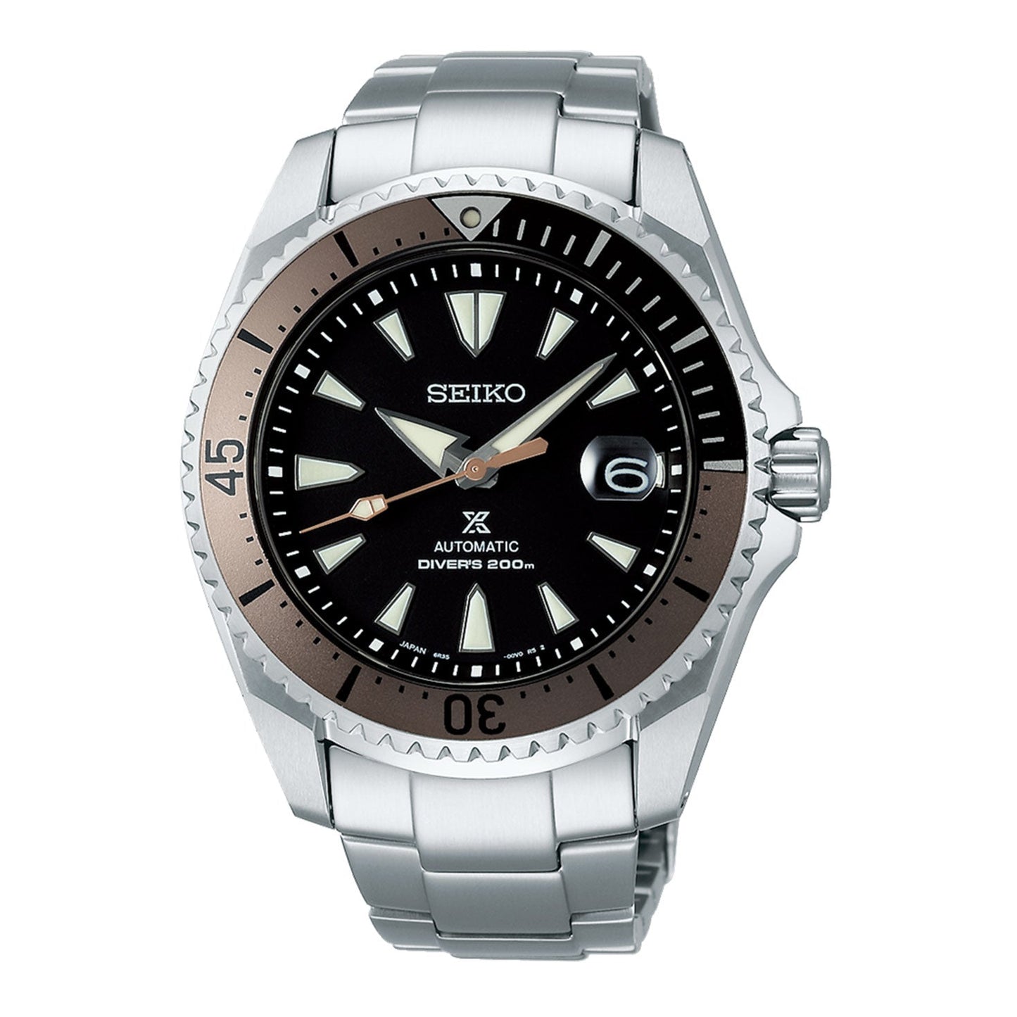 The Seiko Prospex Sea Automatic With Manual Winding 43.5mm Watch showcases a black dial with luminous hour markers and hands. It comes with a silver and rose gold bezel that includes numerals, a date window positioned at 3 o'clock, and is complemented by a stainless steel bracelet, driven by the Caliber 6R35 movement.