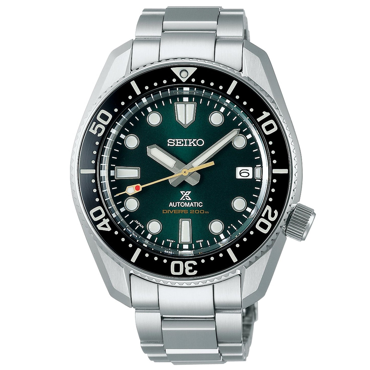 The Seiko Prospex Sea Limited Edition Automatic With Manual Winding 42mm Watch showcases a captivating green dial paired with a sleek stainless steel bracelet. This sophisticated timepiece from Seiko includes large luminous hour markers, white hands, a date display positioned at 3 o'clock, and is complemented by a black bezel adorned with minute markers.