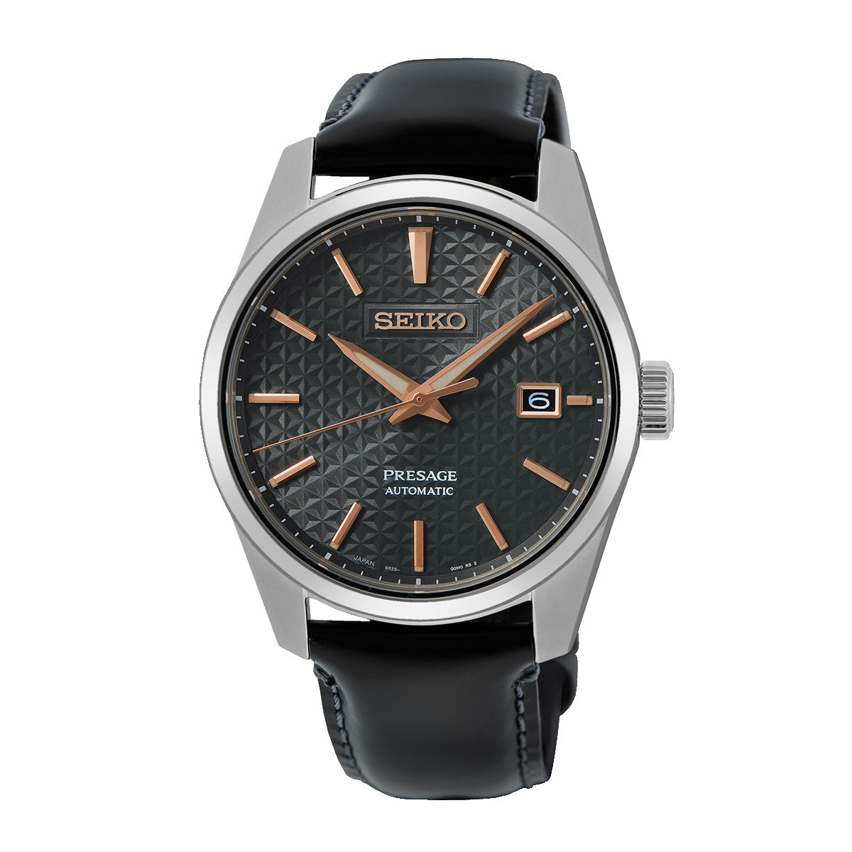 Introducing the Seiko Presage Sharp Edged Series Automatic With Manual Winding 39.3mm Watch, a stylish timepiece featuring a textured dark green dial adorned with gold-tone hands and indices. It boasts a convenient date window at the three o'clock position, while its sophisticated design is elegantly complemented by a sleek black leather strap.