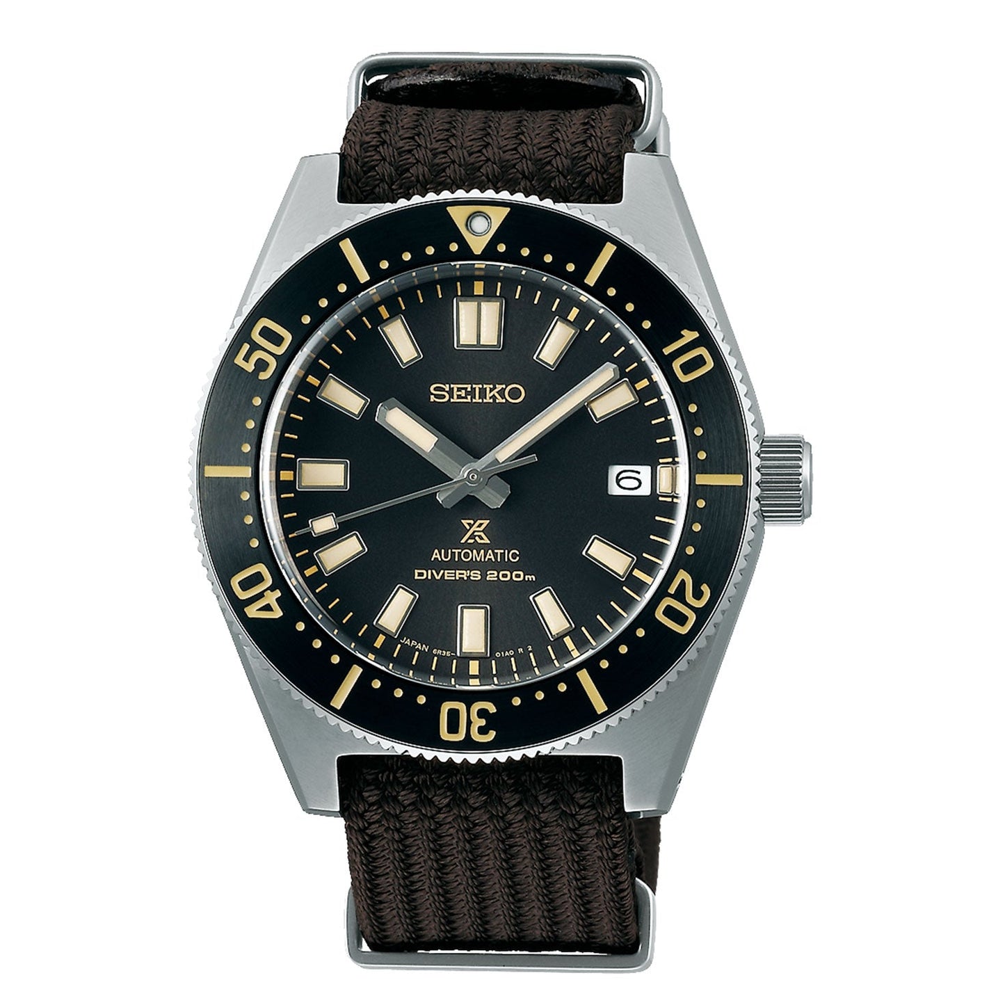 The Seiko Prospex Sea Automatic With Manual Winding 40.5mm Watch by Seiko showcases a black dial adorned with gold and white markers, as well as a black bezel with numeric markings. It is powered by the 6R35 automatic movement and features a date window at the 3 o'clock position, complete with a woven black strap labeled "Automatic Divers 200m.