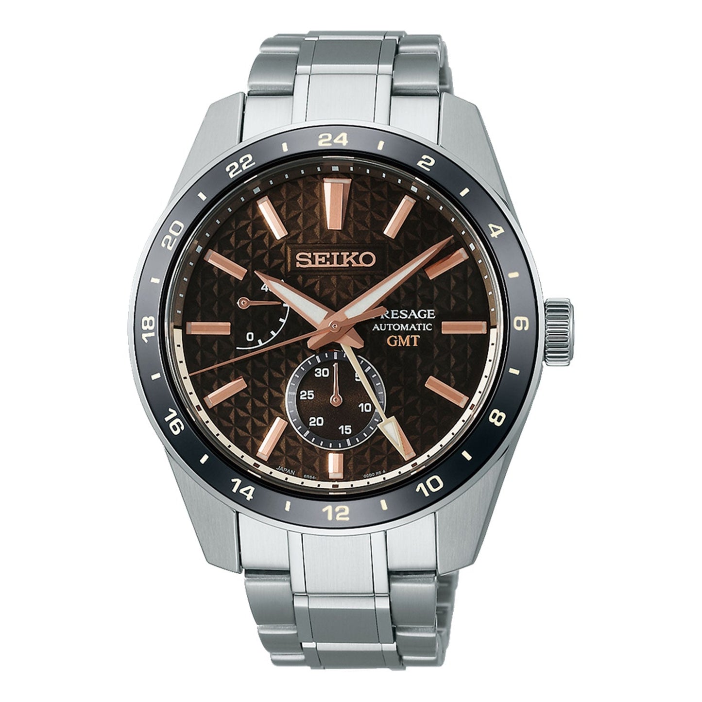 The Seiko Presage Sharp Edged Series Automatic With Manual Winding 42.2mm Watch by Seiko is adorned with a stainless steel bracelet, a brown textured dial, and rose gold accents. It includes three sub-dials and a 24-hour GMT bezel, offering a blend of elegance and precision.