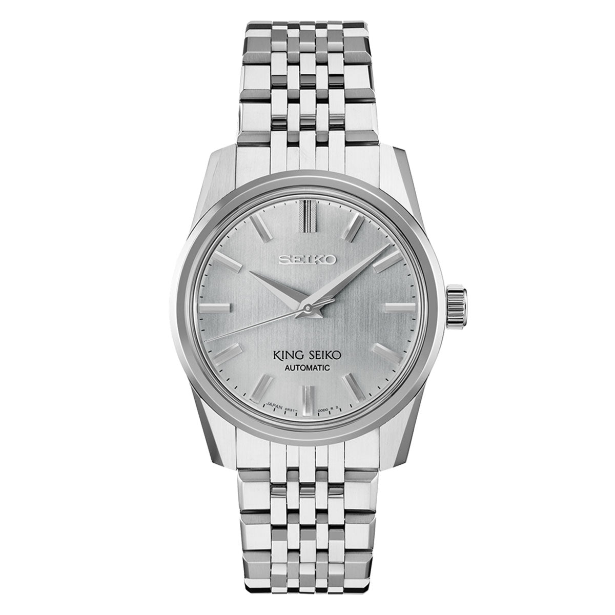 The Seiko King Seiko Automatic with Manual Winding 37mm Watch features a stainless steel bracelet and a sunburst dial. Its minimalist hour markers and date window at three o'clock are perfectly complemented by sleek silver hands. Equipped with water resistance and powered by Caliber 6R31, this timepiece combines style and functionality effortlessly.
