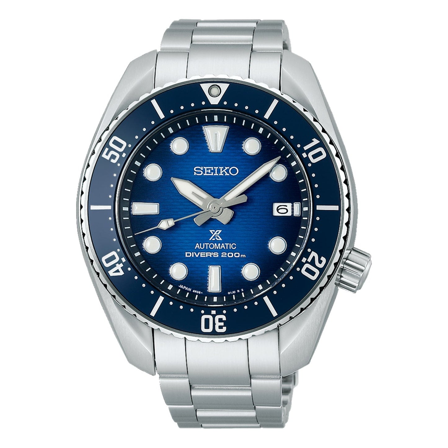 The Seiko Prospex Sea Automatic With Manual Winding 45mm Watch showcases a blue dial and stainless steel band. This diver's watch is equipped with luminous markers, a date display at the 3 o'clock position, and a unidirectional rotating bezel marked with minute increments.
