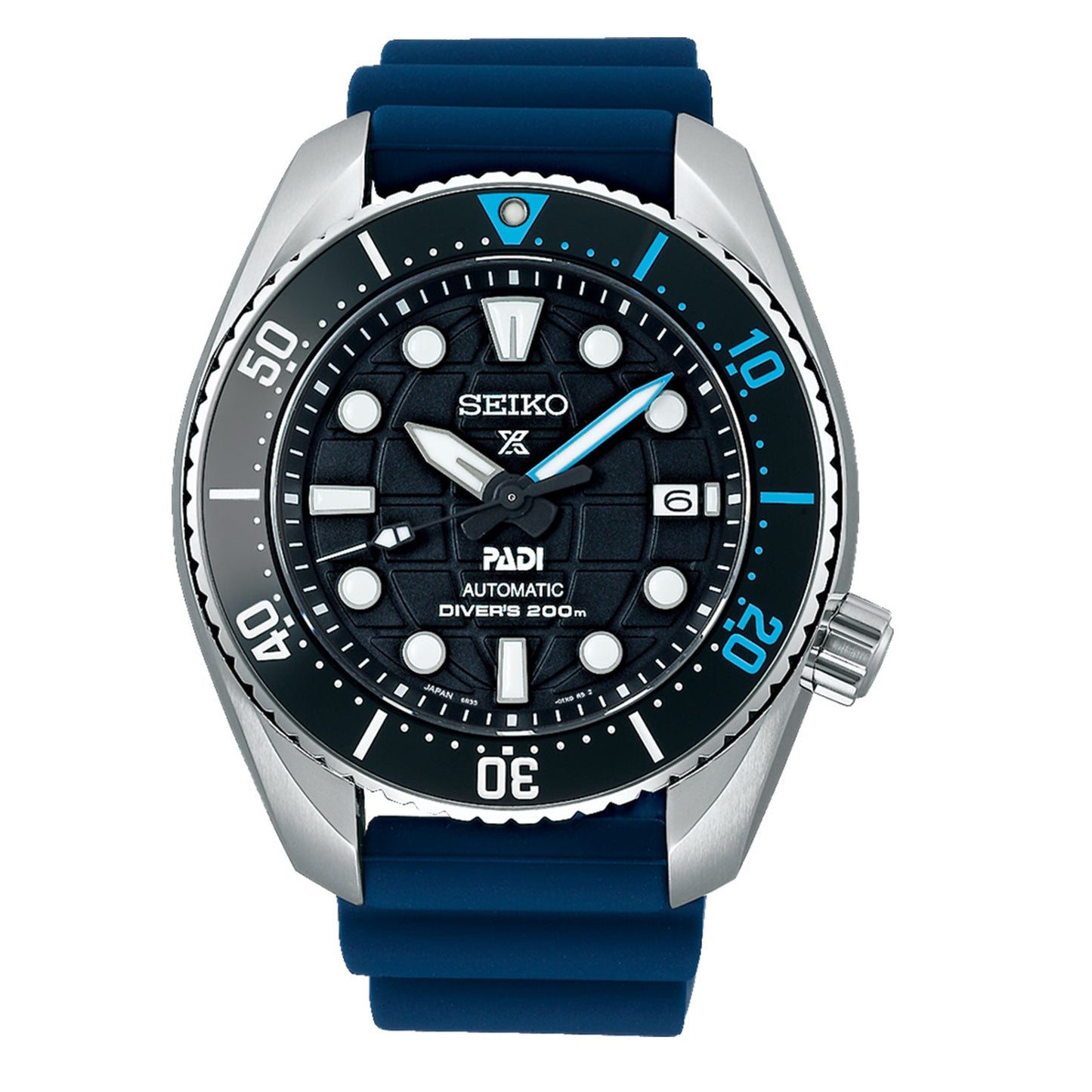 The Seiko Prospex Sea Automatic With Manual Winding 45mm Watch features an eye-catching blue strap and a dual-tone black and blue bezel. It includes white hour markers, a date display at 3 o'clock, and is powered by the dependable automatic Caliber 6R35. Additionally, it offers water resistance up to 200 meters.