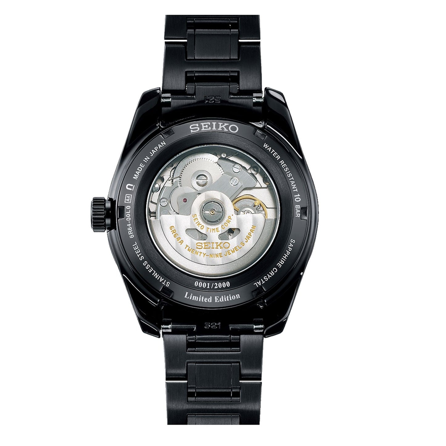 A Seiko Presage Sharp Edged Series Automatic with Manual Winding 42.2mm watch features a black metallic band and an exposed back that reveals its intricate gears and mechanisms. The "Limited Edition" marking along with "0001/2000" emphasizes the timepiece's exclusivity and craftsmanship.