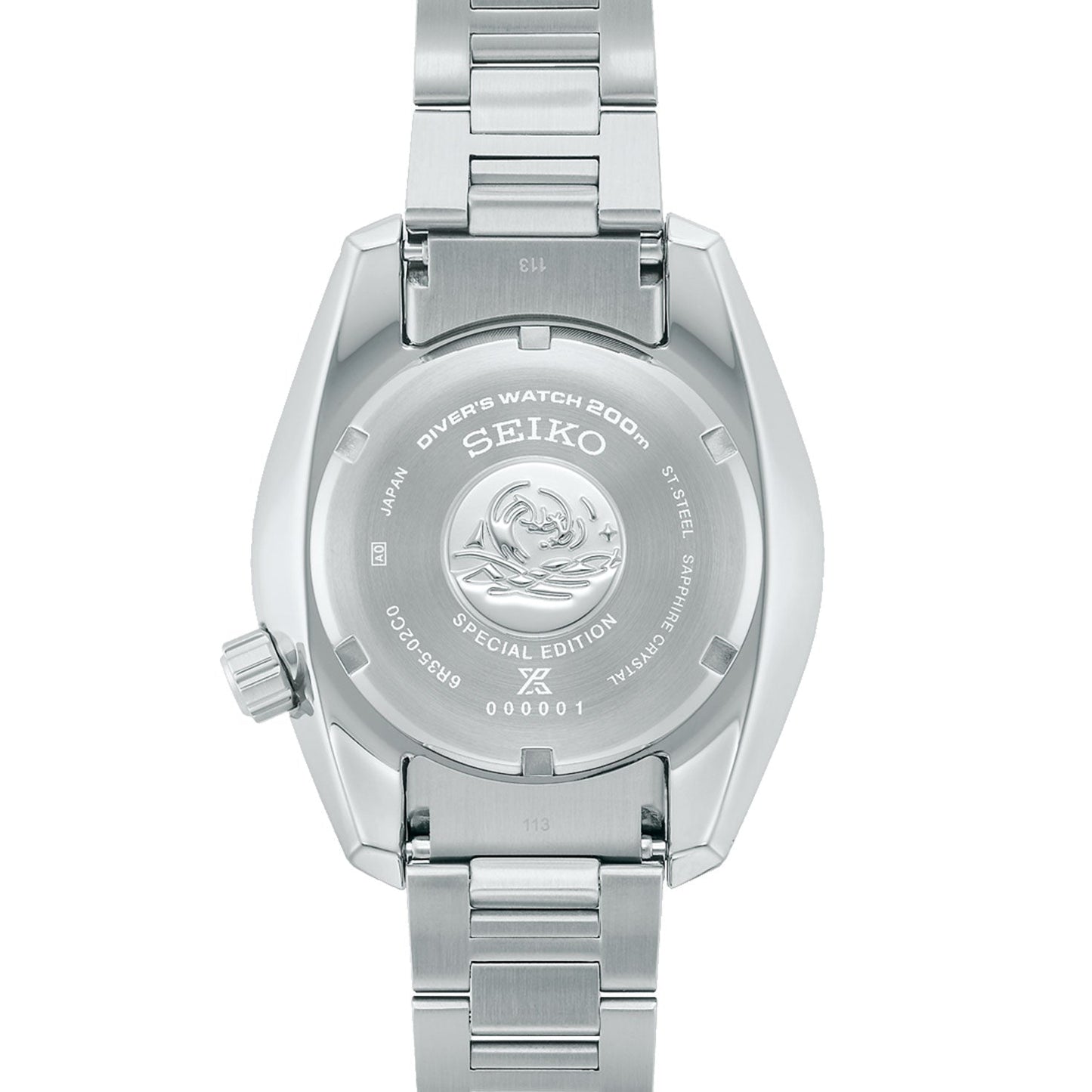 The image displays the back of a Seiko Prospex Sea Automatic With Manual Winding 45mm Watch, which comes in a stainless steel case and bracelet. The back is engraved with "Seiko Special Edition," alongside other specifications about the automatic movement of this exceptional timepiece.