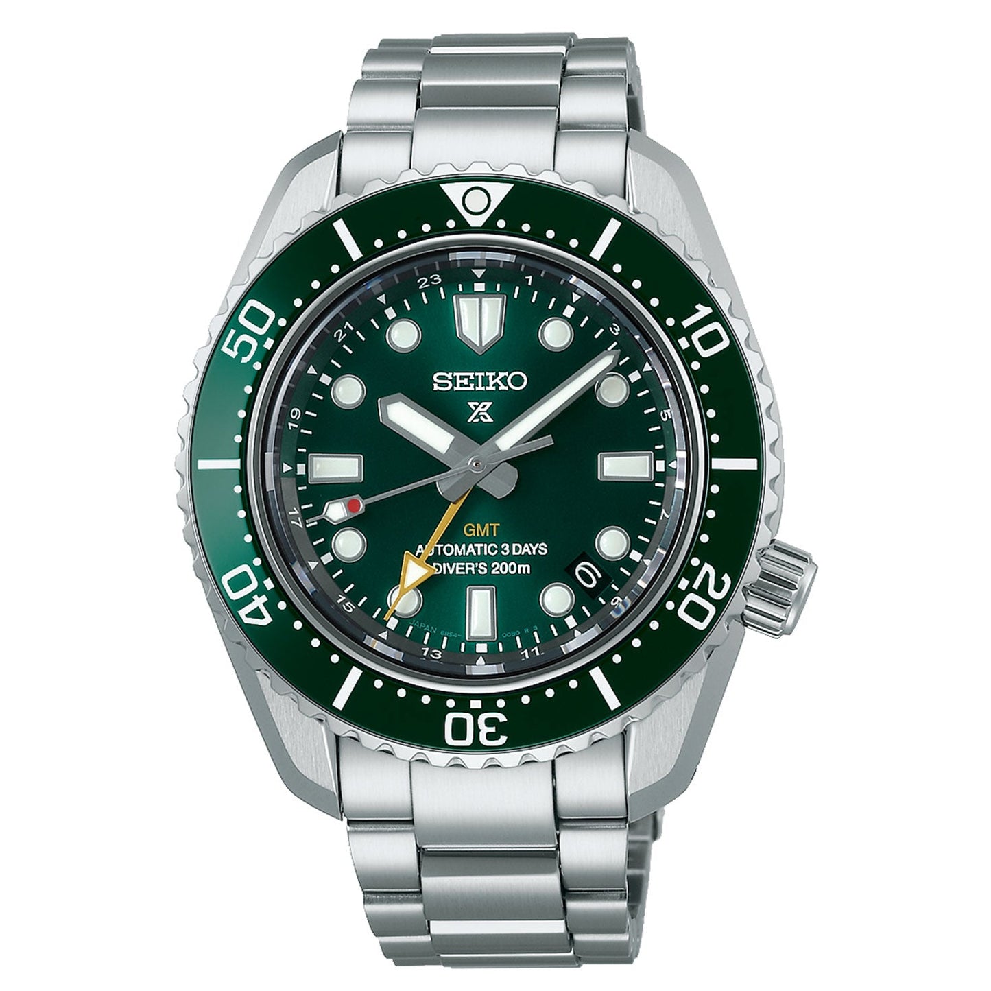 The Seiko Prospex Sea Automatic With Manual Winding 42mm Watch, crafted by Seiko, features a silver stainless steel bracelet and a captivating green bezel and dial. It incorporates the automatic Caliber 6R54 movement and includes prominent round markers, luminescent hands, and a date display located at the 3 o'clock position. The minute-marked bezel is designed with a slight angle for enhanced precision.