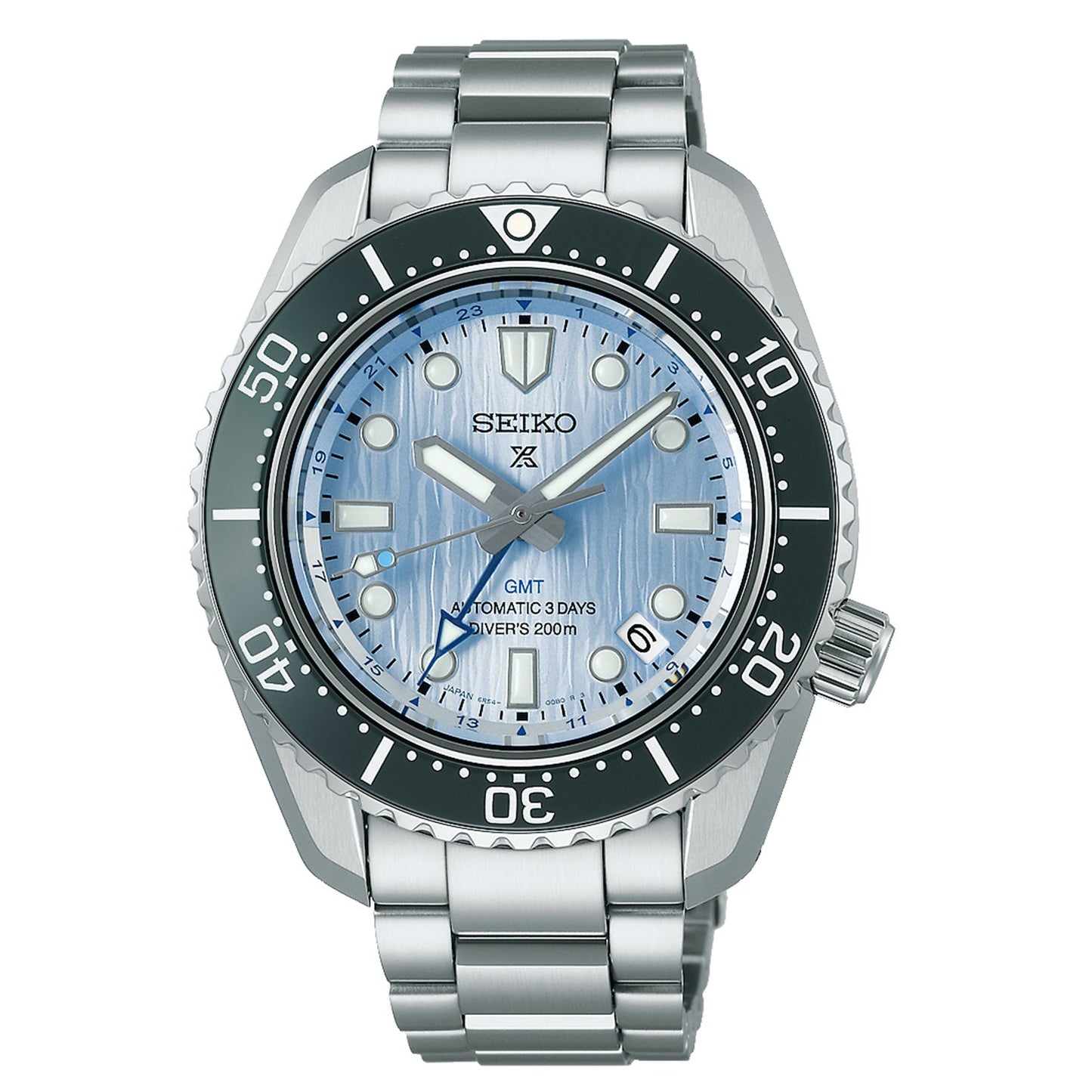 The Seiko Prospex Sea Automatic With Manual Winding 42mm Watch, part of the 110th Anniversary Save the Ocean Limited Edition, is one of only 4,000 pieces and features a stainless steel case and bracelet. It comes with a light blue textured dial, black rotating bezel, and bold white hour markers. Powered by the automatic Caliber 6R54 movement, this watch is water-resistant up to 200 meters.