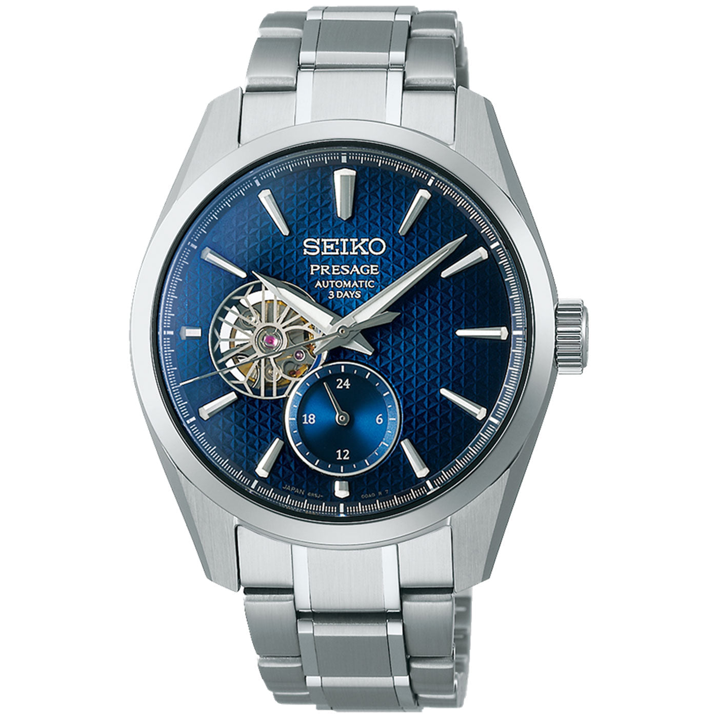 The Seiko Presage Sharp Edge Series Automatic with Manual Winding 40.2mm Watch from Seiko features a stunning blue dial with a geometric pattern, highlighted by an open heart display at the 9 o'clock position and a subdial at the 6 o'clock position. Its stainless steel case and band combine elegance with precision craftsmanship.