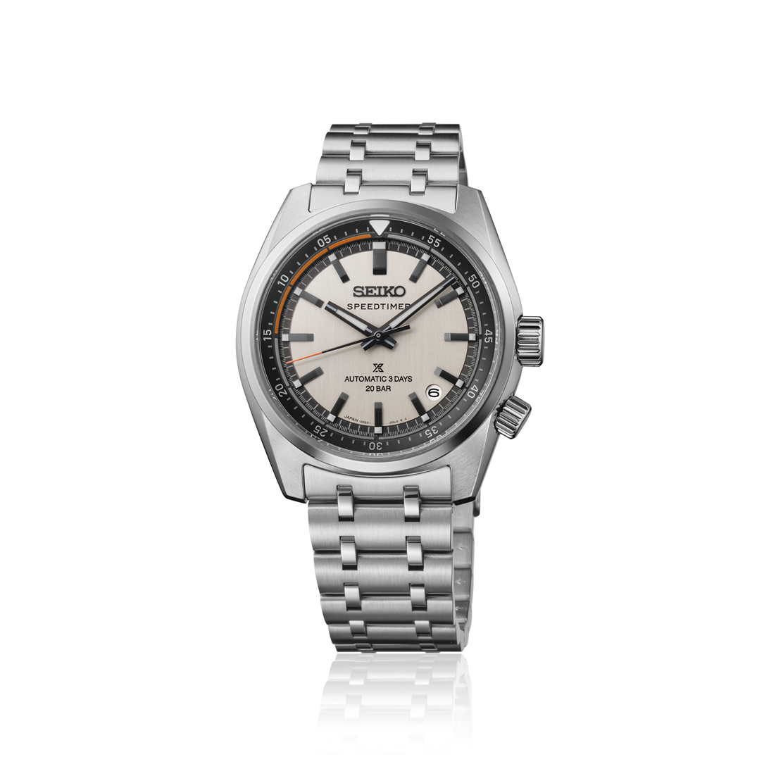 Seiko Prospex Speedtimer Automatic With Manual Winding 39.5mm watch in silver-tone with a light grey dial, black outer bezel, and a link bracelet.