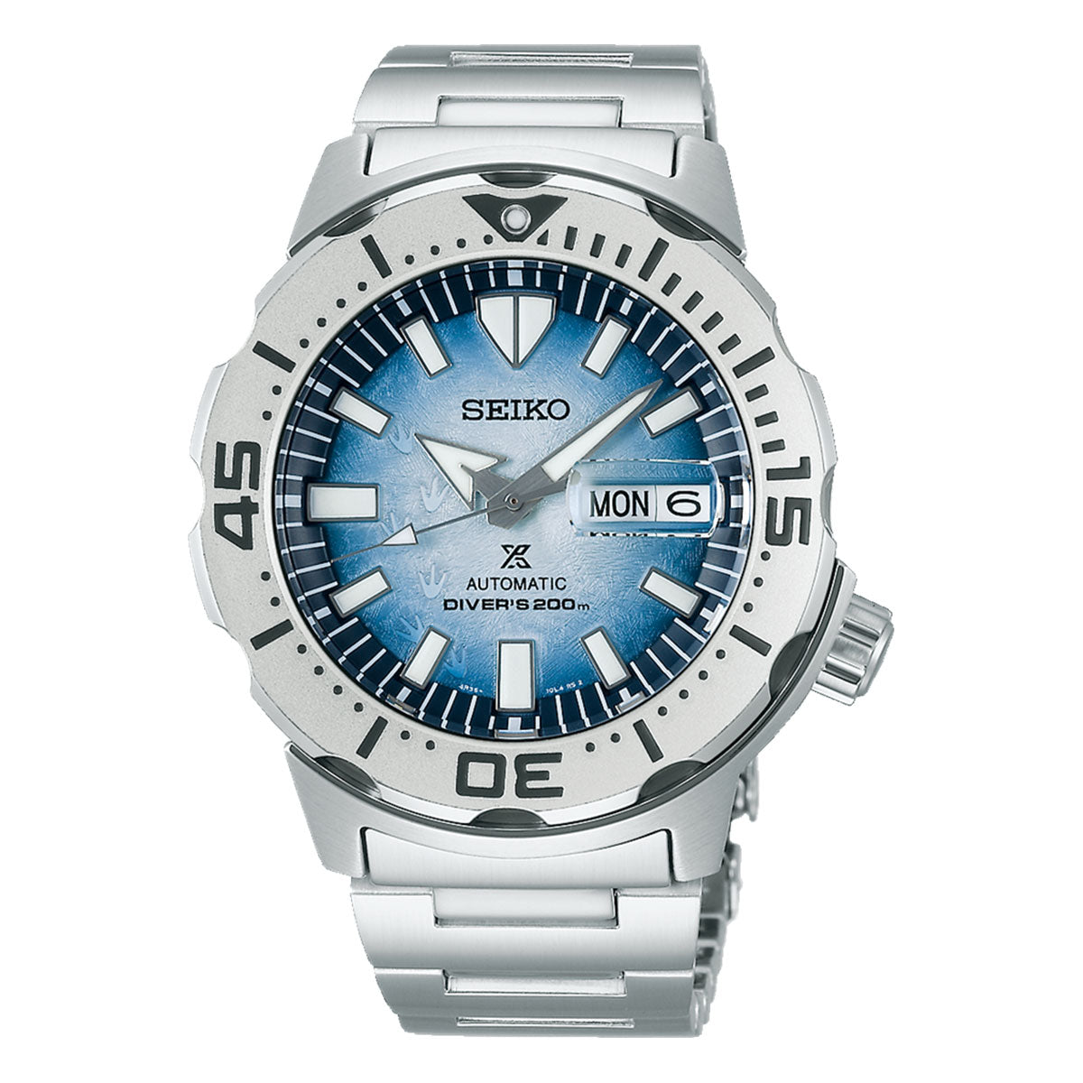 The Seiko Prospex Sea Save The Ocean Special Edition Automatic Watch, crafted with a silver finish, features a striking blue gradient dial accented by bold hour markers and a date display reading Monday the 6th. Its innovative technology is highlighted through a bezel adorned with prominent black numerals and marks, all complemented by a durable metal bracelet.