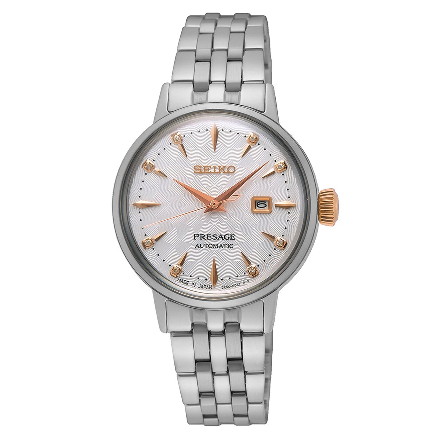 The silver Seiko Presage Cocktail Time Automatic with Manual Winding 40.5mm Watch features a stainless steel bracelet and a polished bezel. Its white textured dial is elegantly detailed with gold-tone hour markers and hands, along with a date window at the 3 o'clock position, showcasing both elegance and precision.
