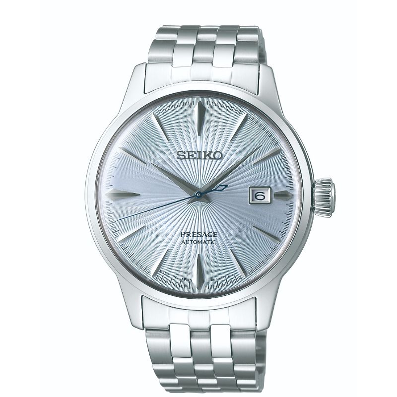 The Seiko Presage Automatic with Manual Winding 40.5mm Watch features a silver metallic bracelet and a round face that highlights a textured sunburst dial, subtle markings, and a small date window positioned at 3 o'clock. This watch embodies classic elegance through traditional craftsmanship, capturing the essence of Japanese aesthetic.
