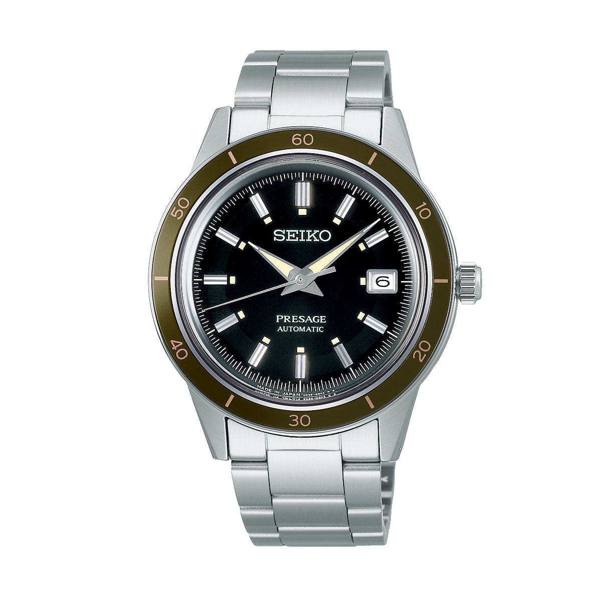 The Seiko Presage Automatic With Manual Winding 40.8mm Watch, crafted by Seiko, offers a remarkable 41-hour power reserve powered by its 4R35 movement. This elegant timepiece features a stainless steel bracelet and a black dial adorned with silver hour markers. It includes a date display at the 3 o'clock position and a brushed metal bezel with minute markers, showcasing an aura of timeless sophistication.