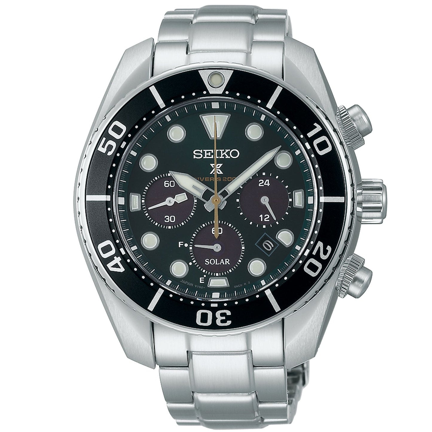 A special edition Seiko Prospex Sea Solar Chronograph watch features a silver design with a black dial and bezel, accented by white hour markers and hands. This 44.5mm Seiko model includes three sub-dials, a date function, and is paired with a stainless steel bracelet.