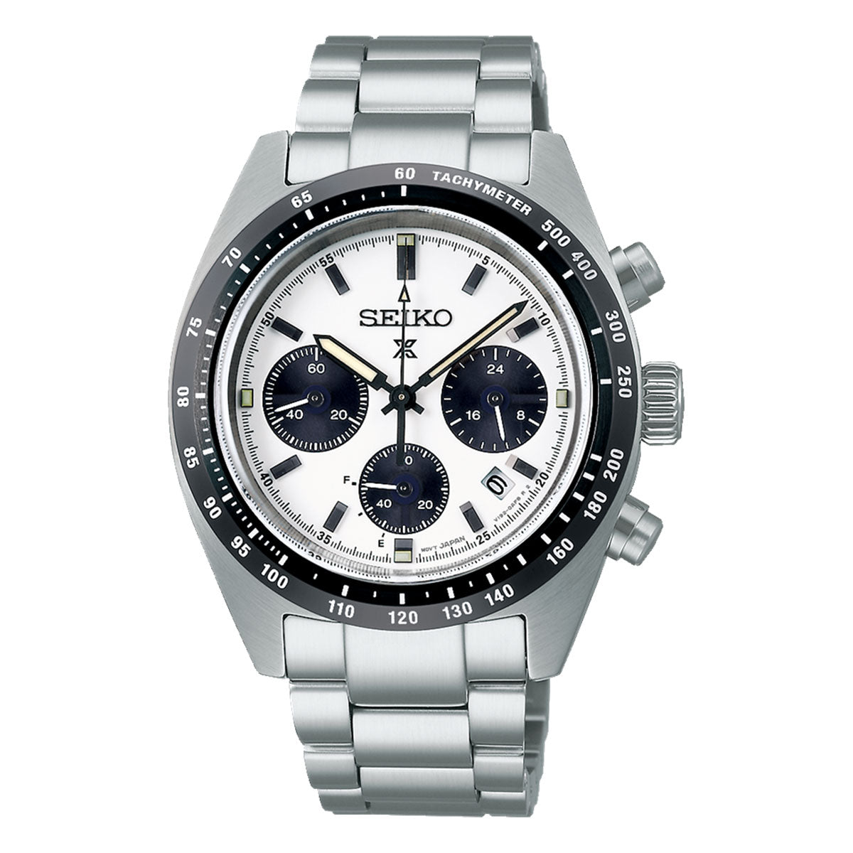 The Seiko Prospex Solar 39mm Watch features a silver metal bracelet and a white dial with black sub-dials. Its black bezel is adorned with a tachymeter scale, complemented by three side pushers and luminous markers, making it an innovative choice for diving enthusiasts.