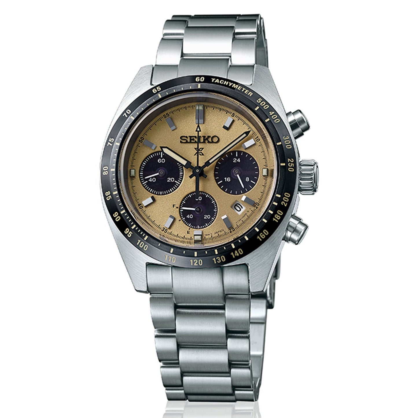 Introducing the Seiko Prospex Speedtimer Solar Chronograph 39mm Watch. This exquisite piece features a stainless steel case and a sleek metallic bracelet. Its design showcases a gold-toned dial accompanied by three black sub-dials and a tachymeter bezel. With silver hour markers, noticeable pushers, and crown on the right side, this watch ensures precise chronograph functionality.