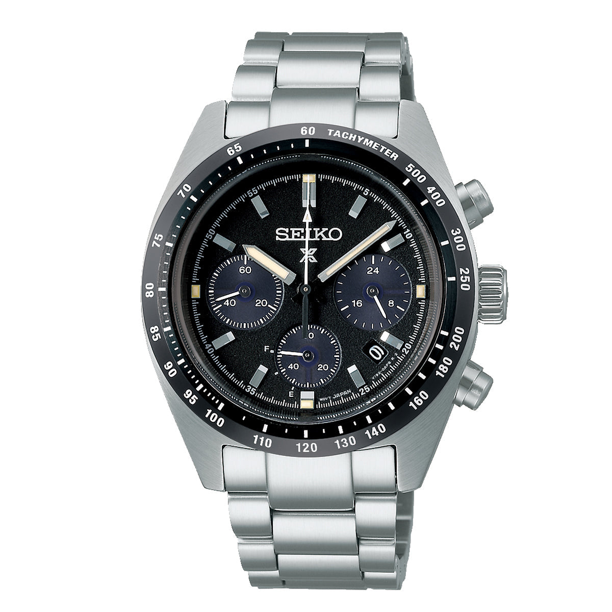 The Seiko Prospex Solar 39mm Watch features a stainless steel bracelet and a black dial adorned with three subdials and a tachymeter bezel. Its silver-toned hands and markers contribute to the sophisticated design, while its innovative technology highlights Seiko's exceptional craftsmanship.