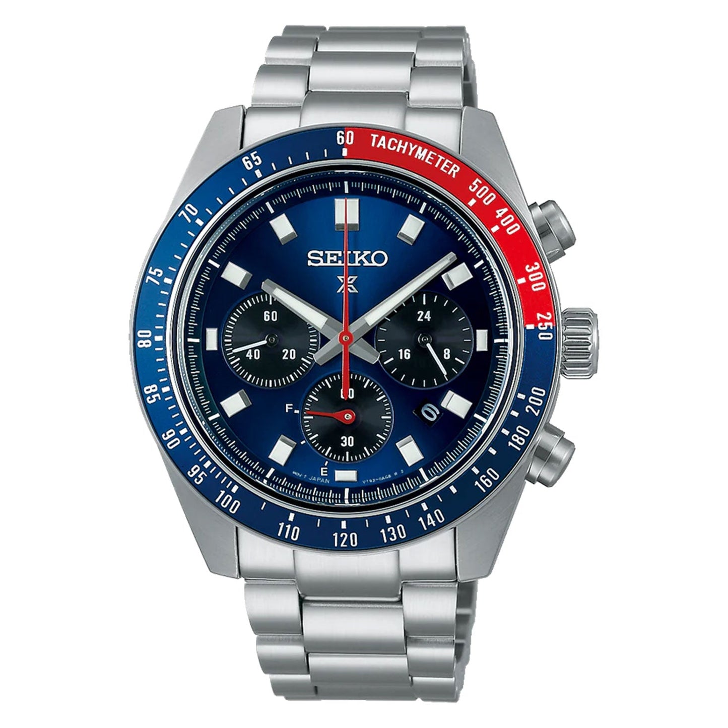 The Seiko Prospex Speedtimer Solar Chronograph 41.4mm Watch is a silver diving timepiece with a blue dial, equipped with three sub-dials and a tachymeter scale on its distinctive red and blue bezel. This solar-powered watch includes a linked metal band and features three push buttons on the side for functionality.