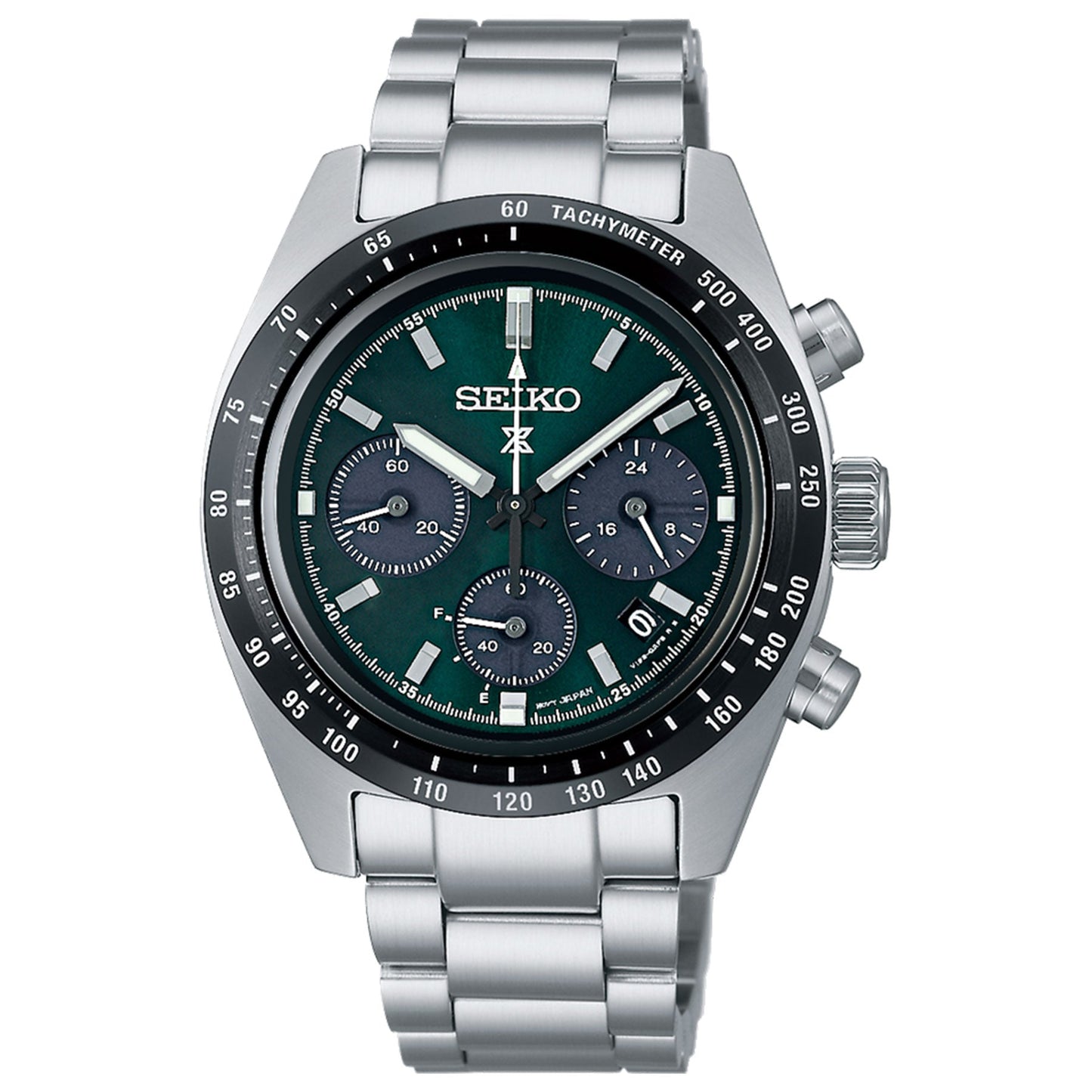 Introducing the Seiko Prospex Speedtimer Solar Chronograph 39mm Watch, a sophisticated timepiece from Seiko. It boasts a dark green dial with three sub-dials and a tachymeter on the bezel. This solar-powered chronograph features silver hour markers and hands, complemented by a date display at 4:30 and is paired with a metal link bracelet for an elegant finish.