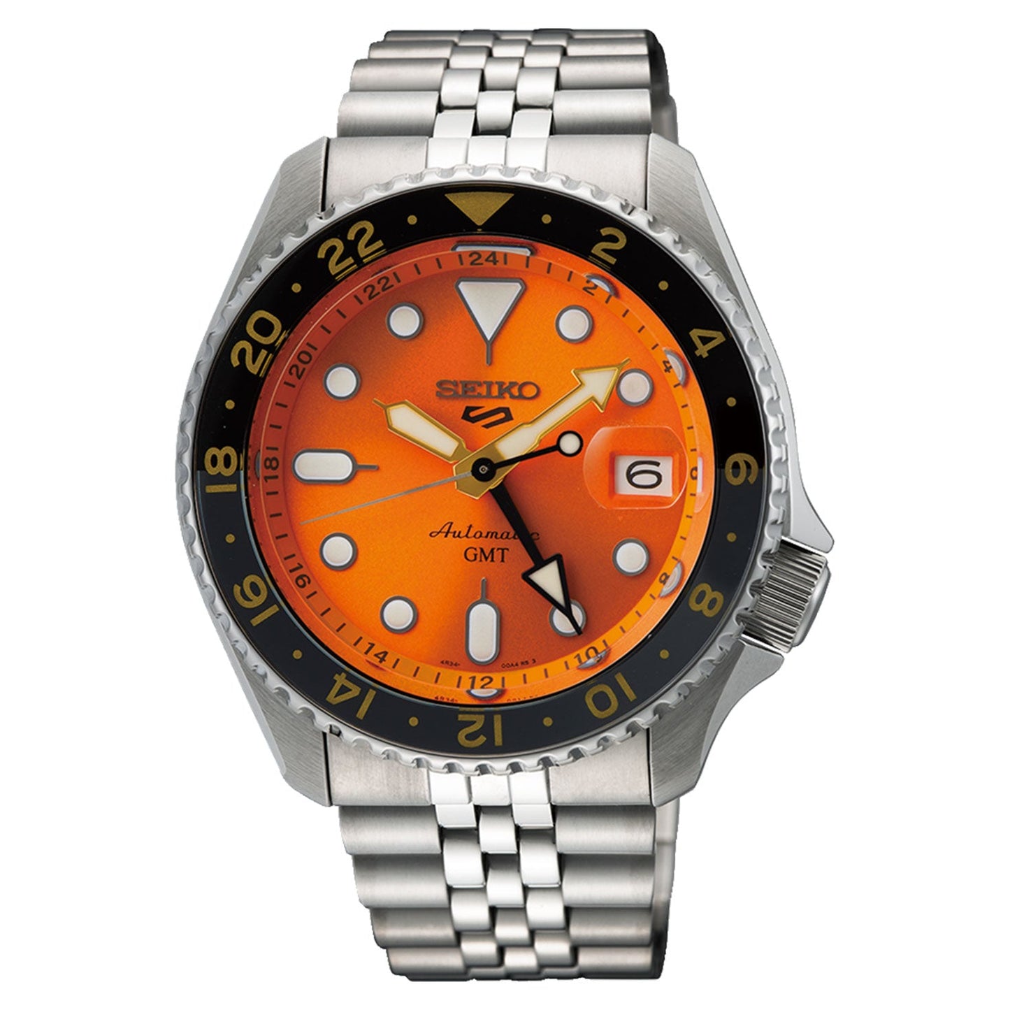 The Seiko 5 Sports SKX Sports Style Automatic Watch features an eye-catching orange dial adorned with prominent circular indices and a date window. Its sophisticated look is accentuated by a distinctive black and gold bezel marked with numerals. The stainless steel design is complemented by a silver metal link band, while the automatic movement ensures the smooth operation of the prominent hour, minute, and second hands.