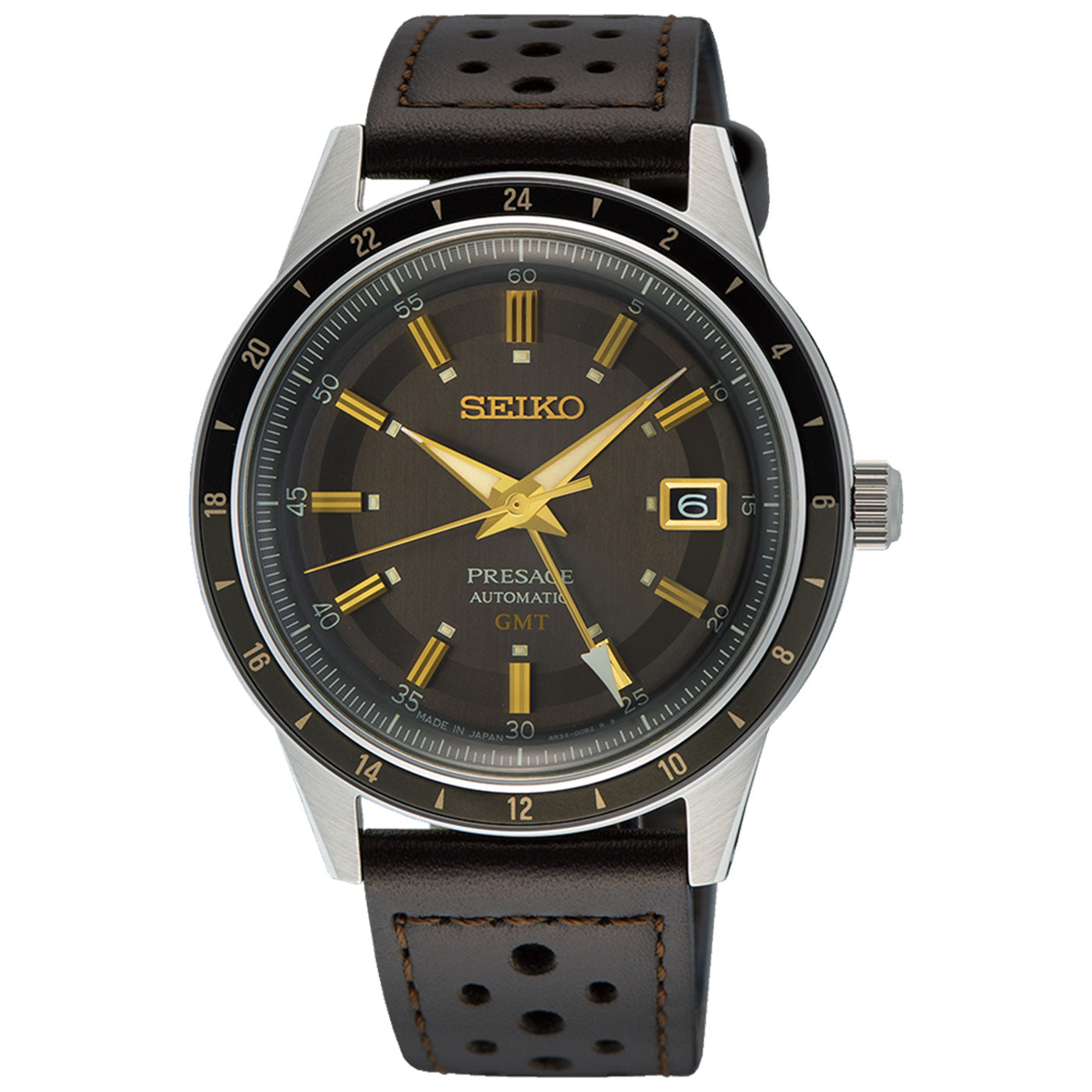 The Seiko Presage Style 60's Automatic with Manual Winding 40.8mm watch showcases a striking black and gold-striped dial with gold indices and a date window at the 3 o'clock position. It features a stainless steel case, an elegant black bezel, and a brown perforated leather strap with visible stitching, all driven by the automatic Caliber 4R36.