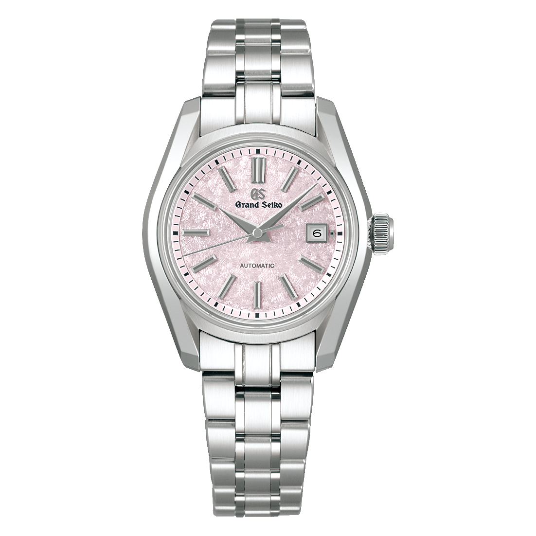 The Grand Seiko Heritage Collection Automatic with Manual Winding 30mm Watch features stainless steel, Zaratsu polishing, a sakura-kakushi pink dial, silver markers and hands, date at 3 o'clock, and a matching metal bracelet.