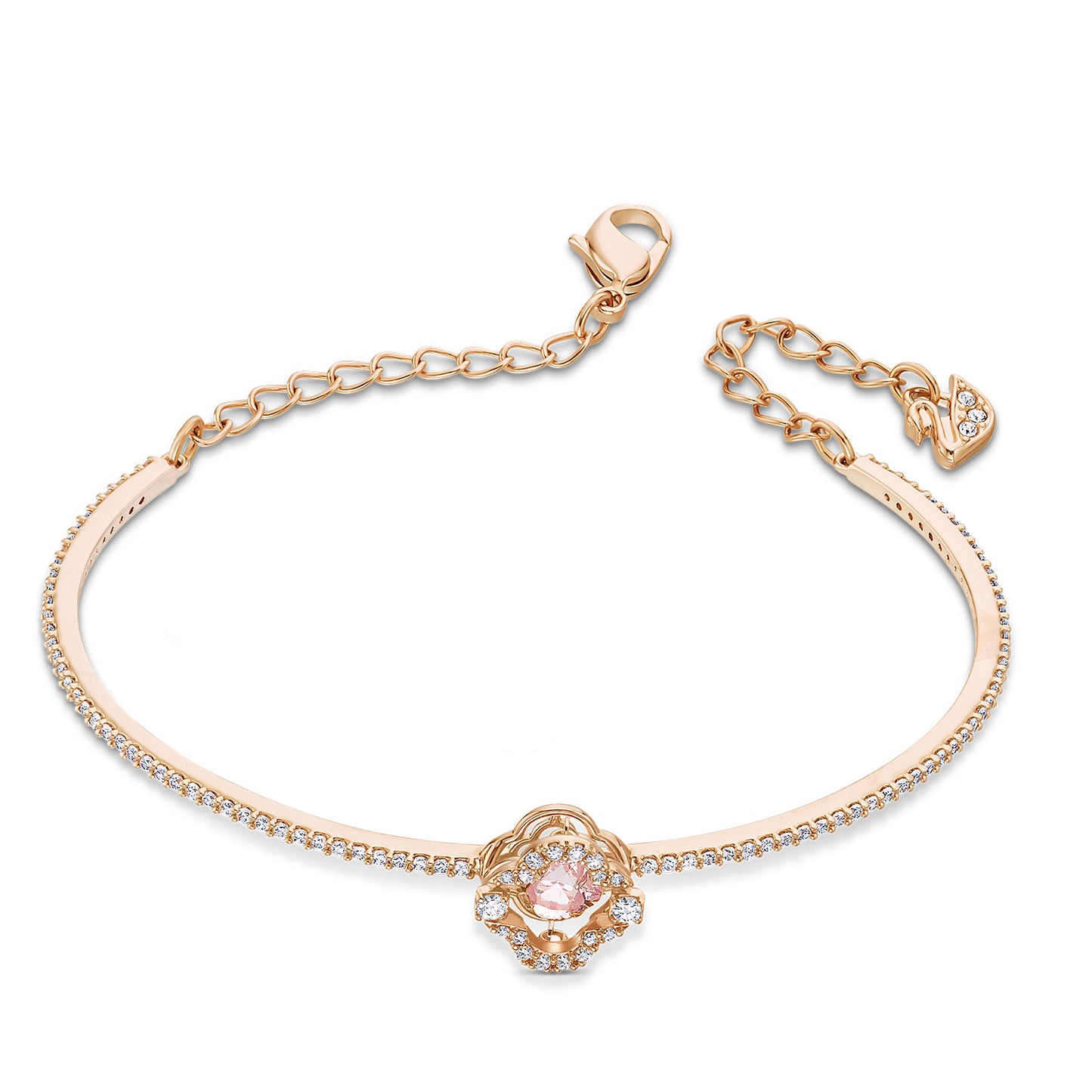 The Swarovski Sparkling Dance Bangle by Swarovski features a delicate chain and a flower-shaped centerpiece adorned with a pink crystal. For added elegance, the adjustable clasp is accented with a decorative charm.