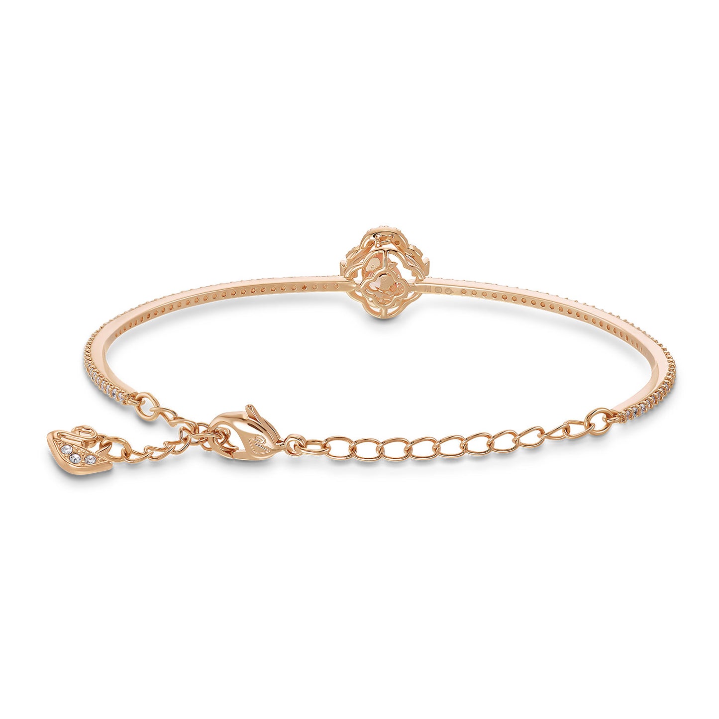 The Swarovski Sparkling Dance Bangle is an elegant gold bracelet featuring a floral design centerpiece and an adjustable chain clasp adorned with a small heart charm, part of the renowned Swarovski collection.