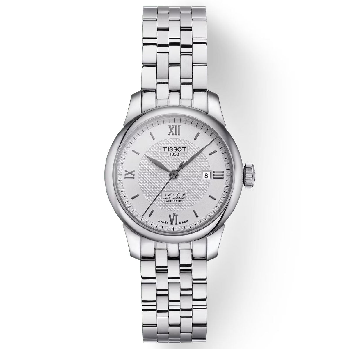 The Tissot Le Locle Automatic 29mm Watch features a round face with Roman numerals, a date window at 3 o'clock, and a linked metal bracelet. It offers Swiss automatic movement and is protected by scratch-resistant sapphire crystal. The watch prominently displays the Tissot brand name along with "Le Locle" on the dial.