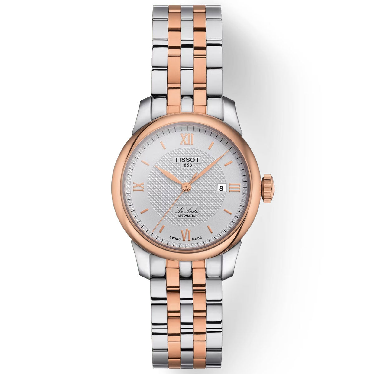 The Tissot Le Locle Automatic 29mm Watch by Tissot boasts a refined silver and rose gold two-tone strap. Its round face displays a silver dial adorned with rose gold Roman numerals and hands, along with a date window positioned at 3 o'clock. Featuring an Automatic Swiss Movement and scratch-resistant sapphire crystal, it combines style and durability effortlessly.